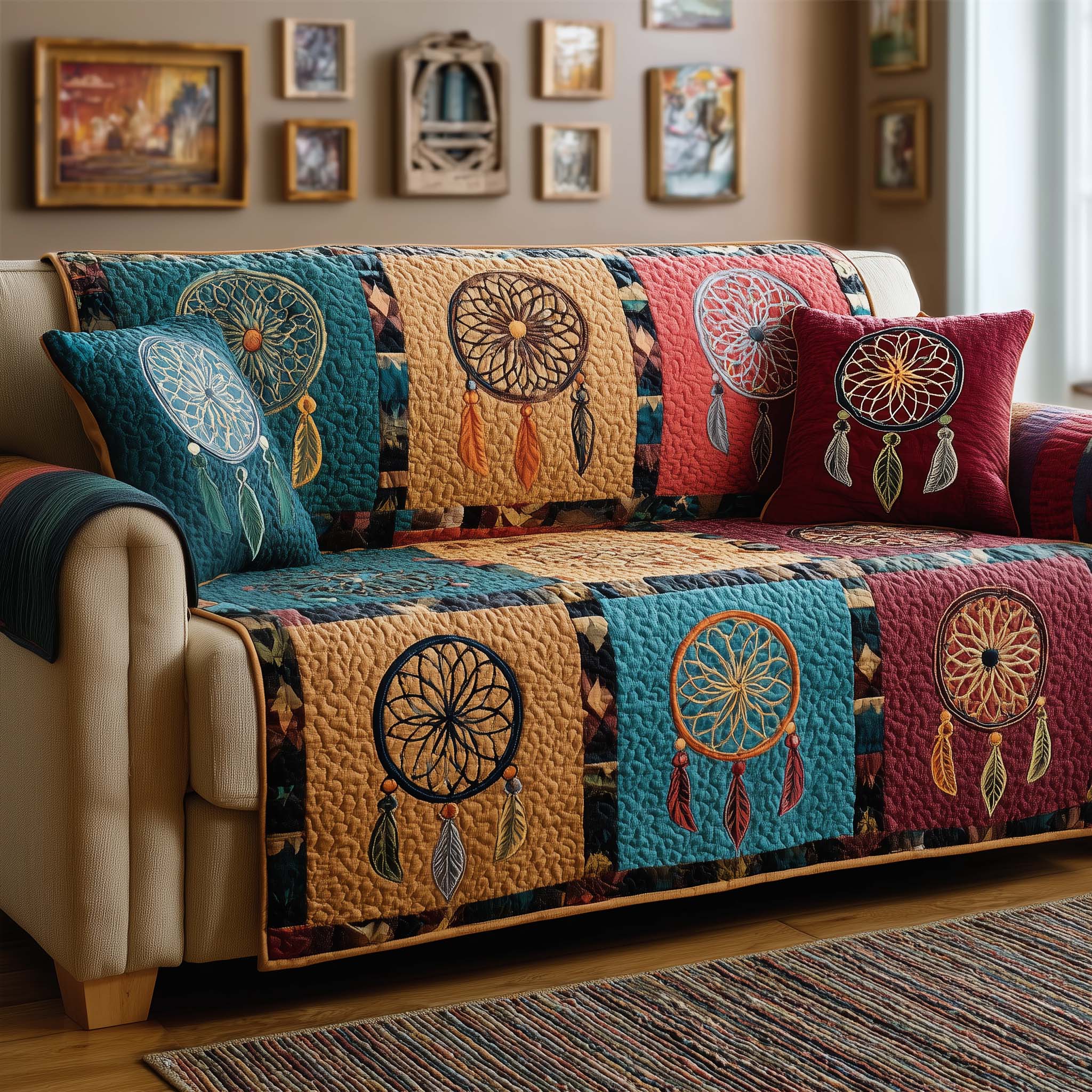 Dreamcatcher Quilted Sofa Cover Tribal Home Couch Cover Home Gifts For Her - Tradiviet