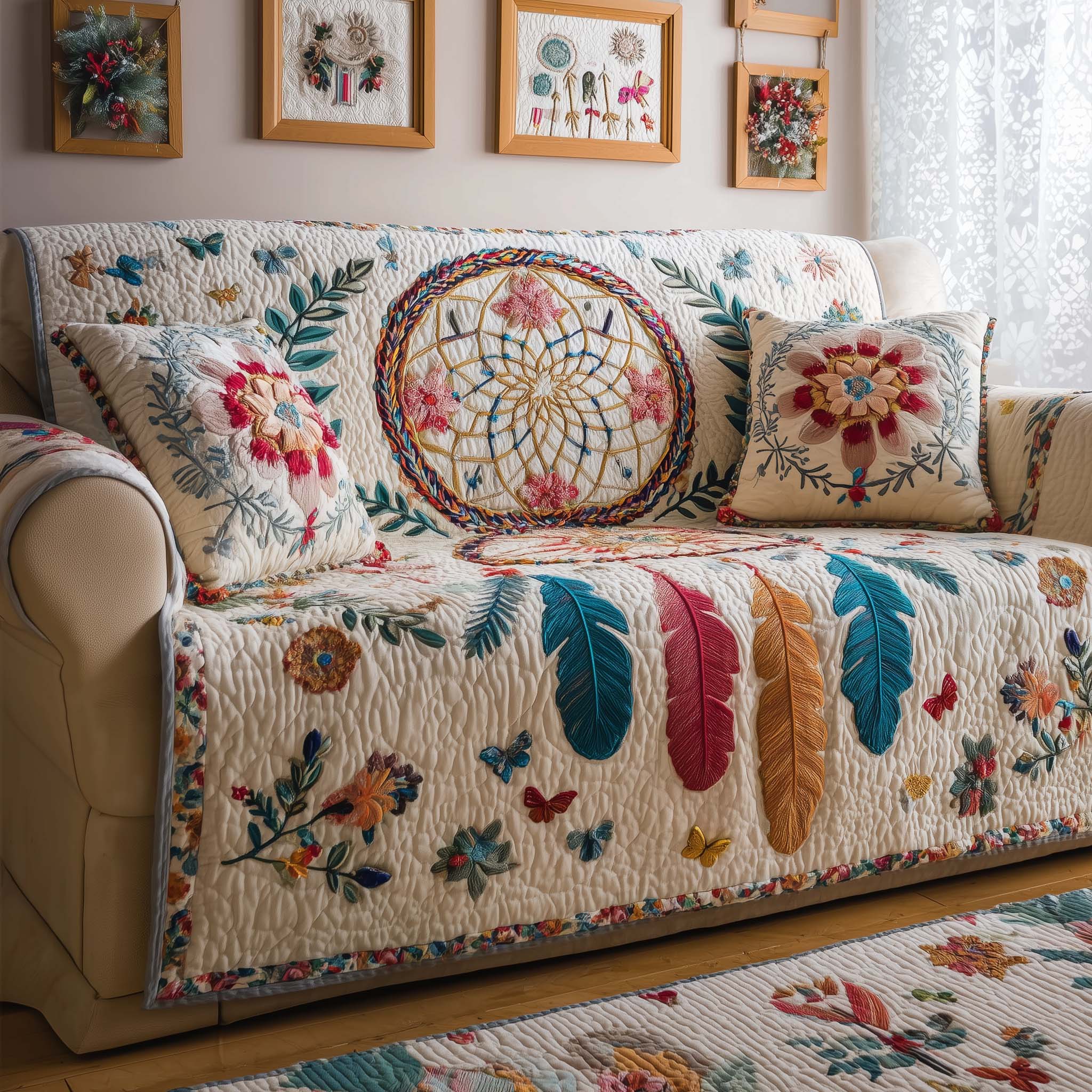 Dreamcatcher Quilted Sofa Cover Tribal Home Couch Cover Home Gifts For Him - Tradiviet