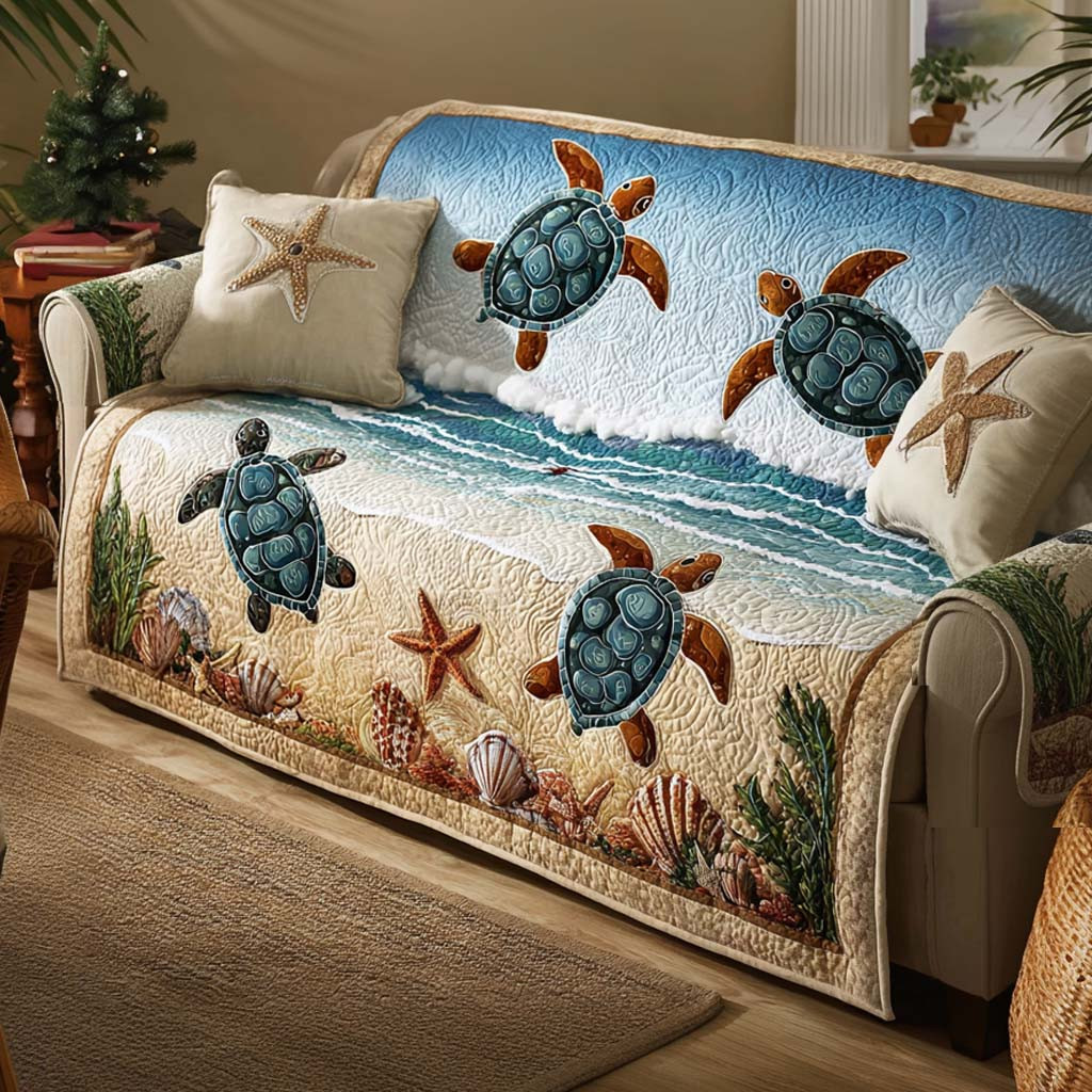 Driftwood Turtle Quilted Sofa Cover Sofa Protector Sea Turtle Gifts For Him - Tradiviet