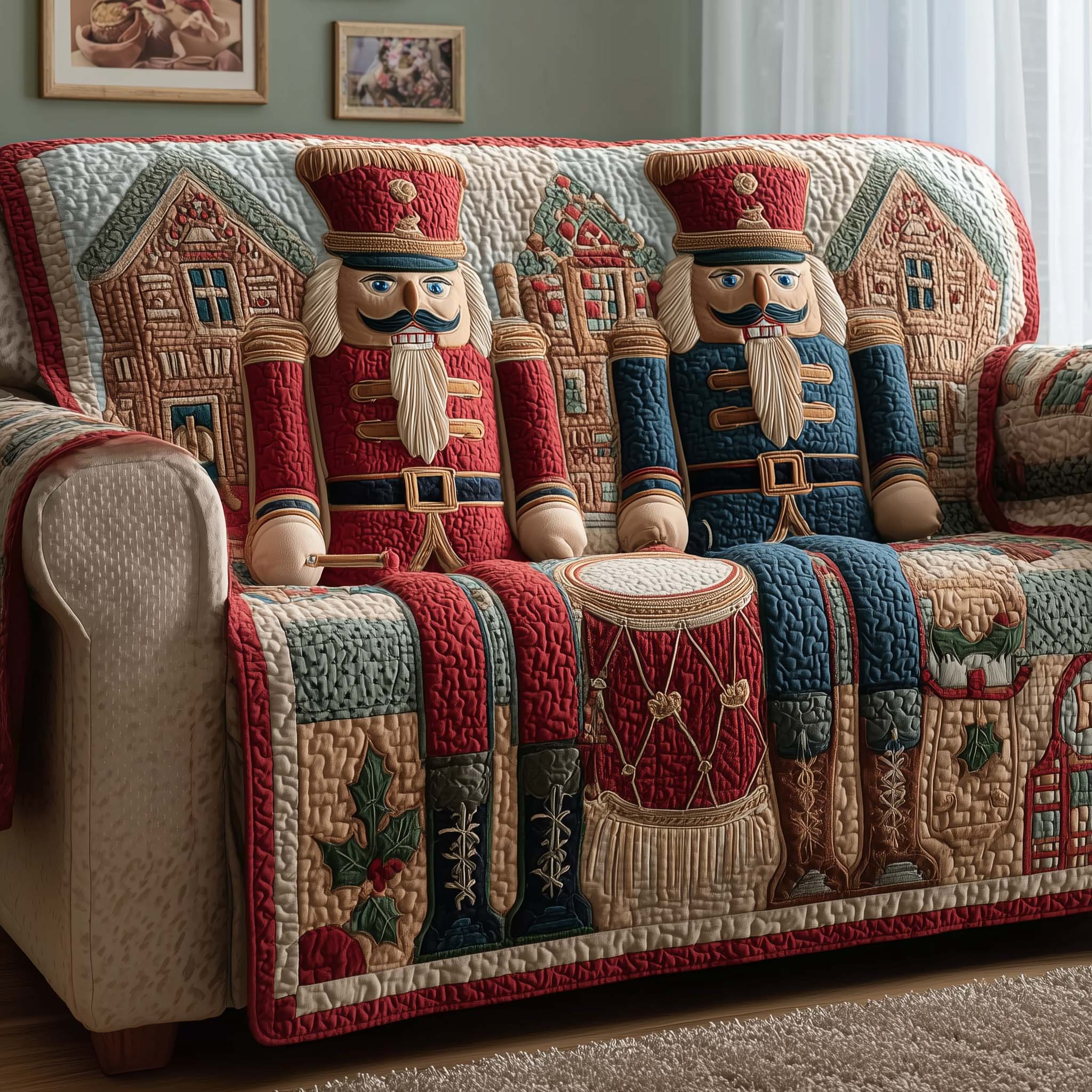 Drum Nutcracker Quilted Sofa Cover Christmas Home Couch Cover Home Gifts For Her - Tradiviet