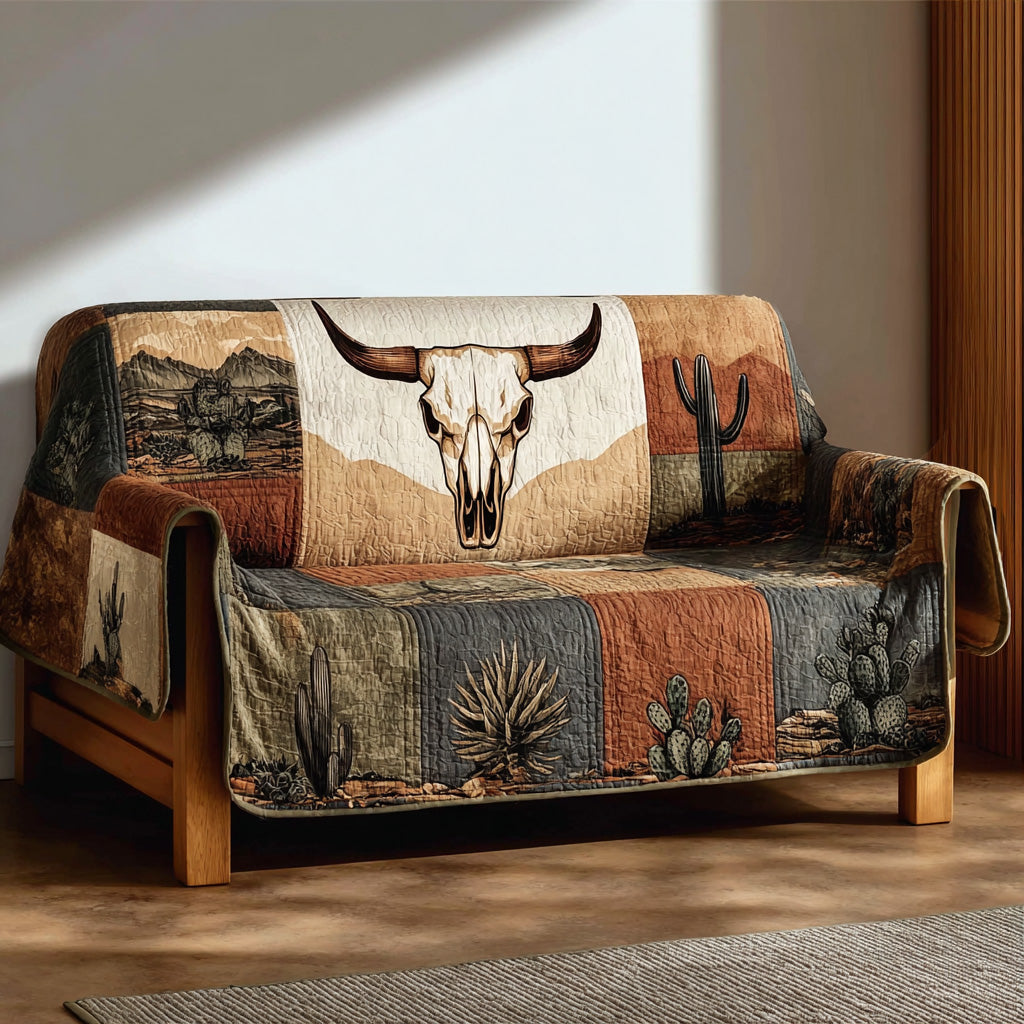 Dustland Western Longhorn Quilted Sofa Cover Neutral Home Room Decor Gift For Living Room - Tradiviet