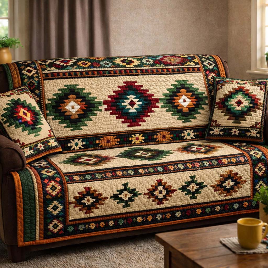 Earthbound Tribal Weave Quilted Sofa Cover Patchwork Home Couch Cover Home Lover Gift Ideas - Tradiviet