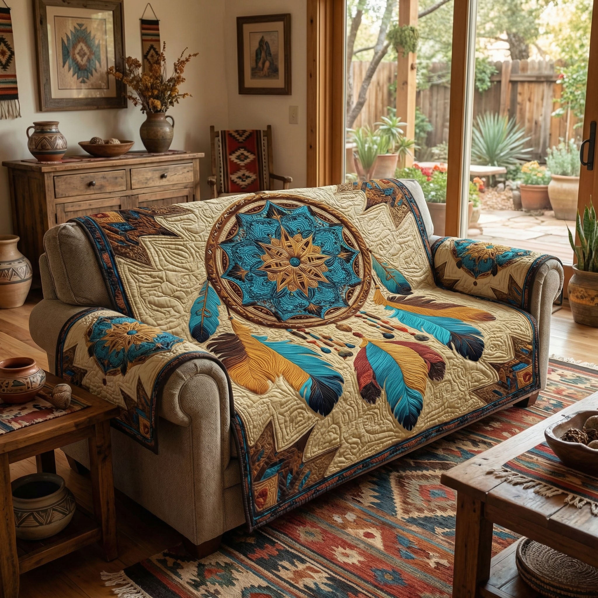 Earthtone Mandala Quilted Sofa Cover Modern Home Room Decor Gift For House Lover - Tradiviet