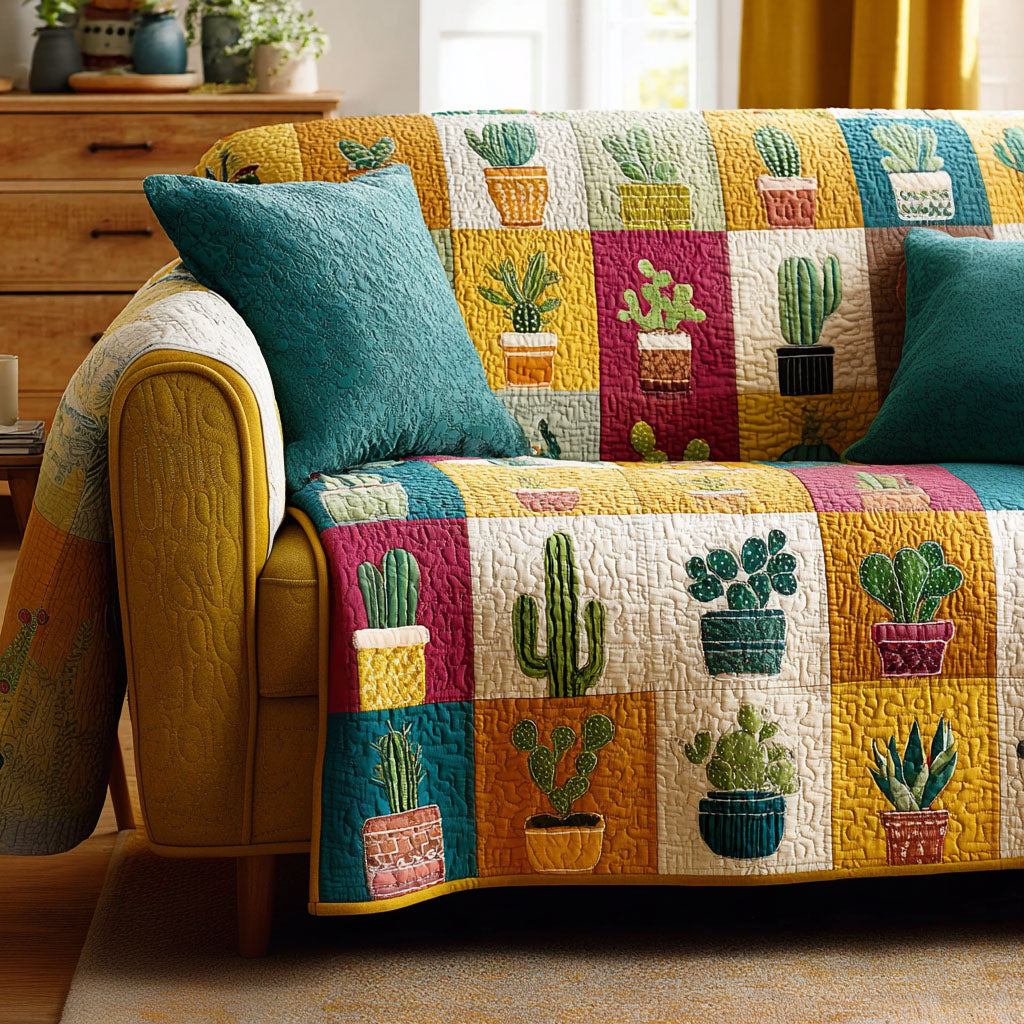 Earthy Botanica Quilted Sofa Cover Couch Covers For Couches Cactus Theme Gifts - Tradiviet