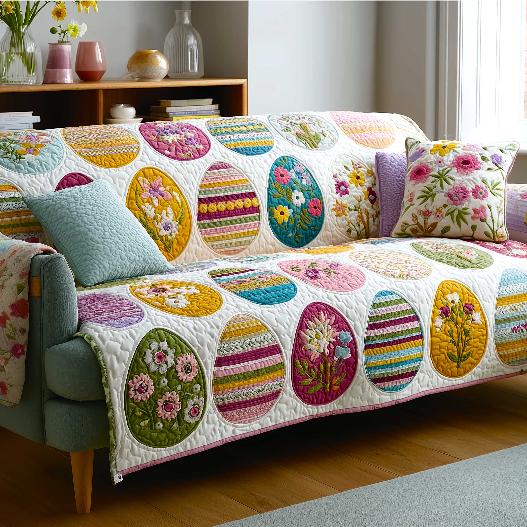 Egg Charm Quilted Sofa Cover Spring Home Couch Cover Cozy Home Decor Gifts - Tradiviet