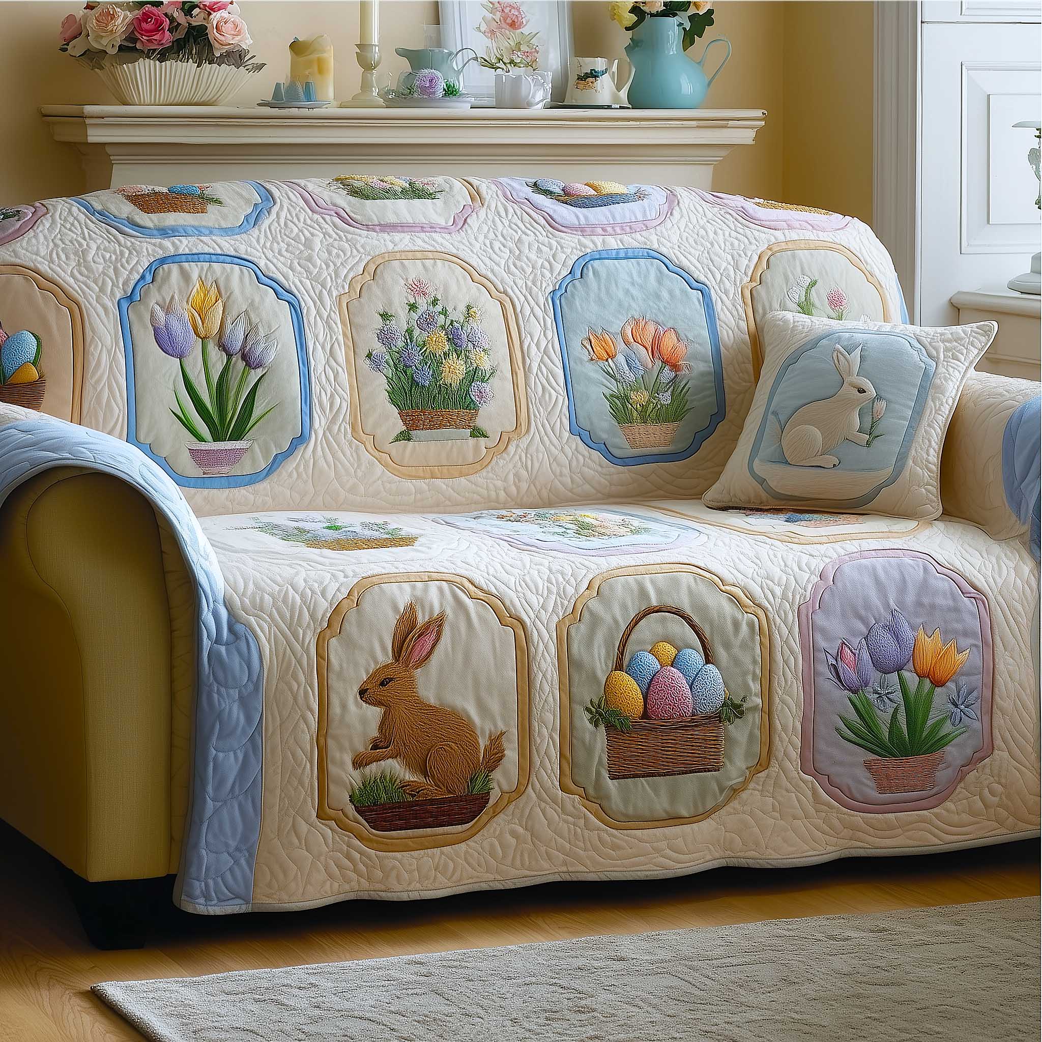 Egg Garden Quilted Sofa Cover Spring Home Couch Cover Top Home Decor Gifts - Tradiviet