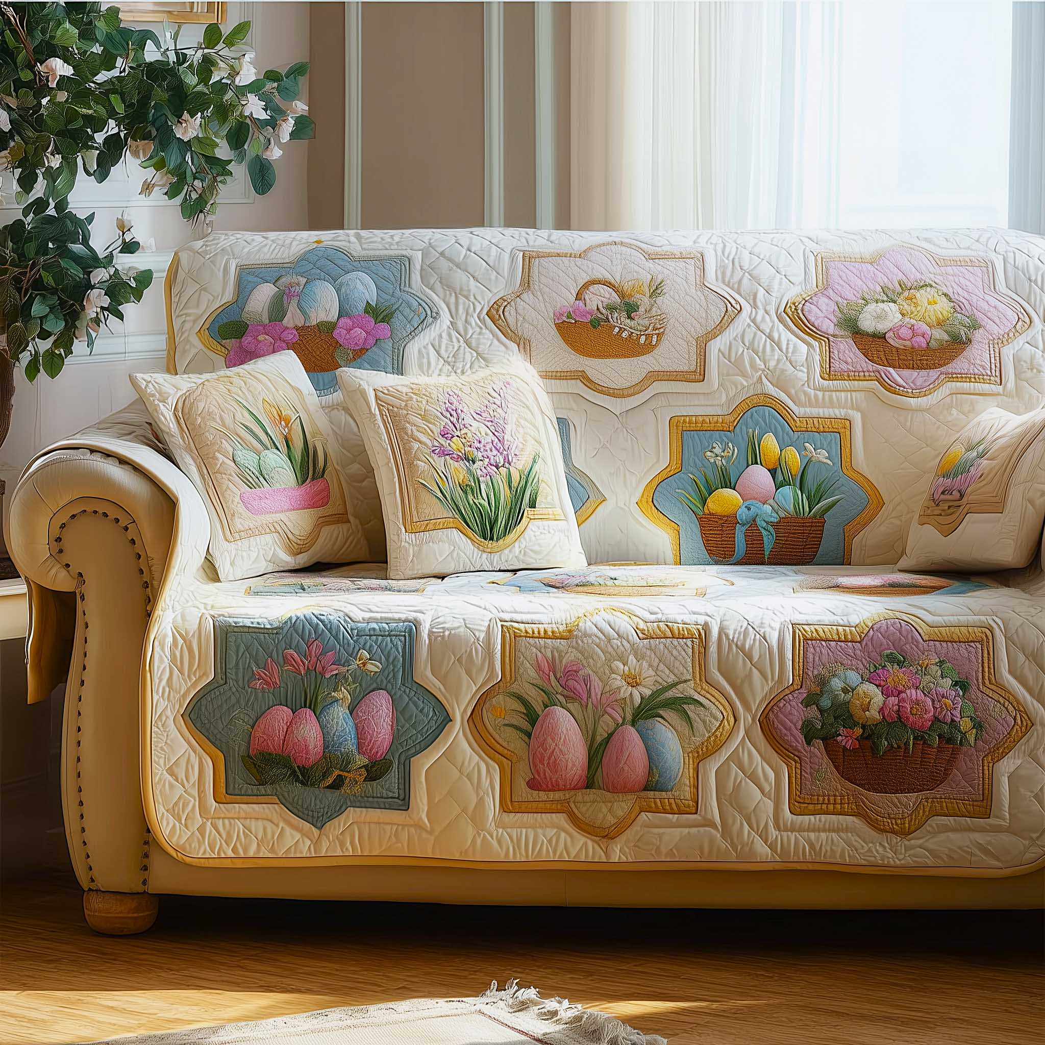 Egg Hunt Quilted Sofa Cover Spring Home Couch Cover Trendy Room Decor Gifts - Tradiviet