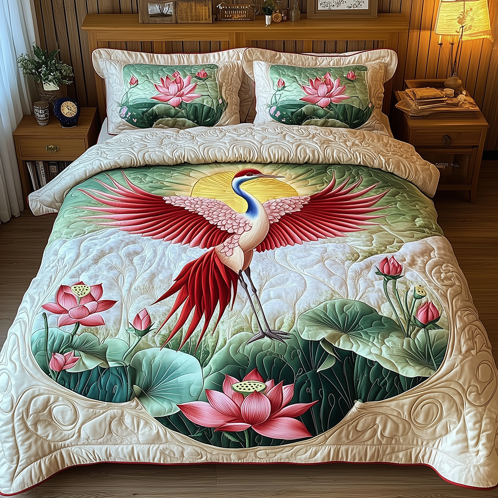 Elegant Crane Quilted Bedding Set Elegant Crane Midnight Gift For Elegant - Tradiviet