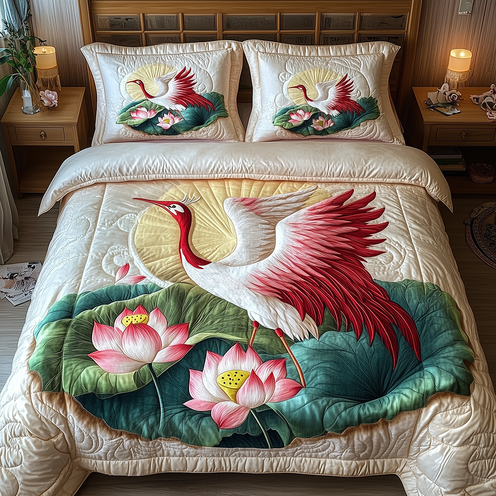 Elegant Crane Quilted Bedding Set Elegant Crane Showpiece Gift For Crane - Tradiviet