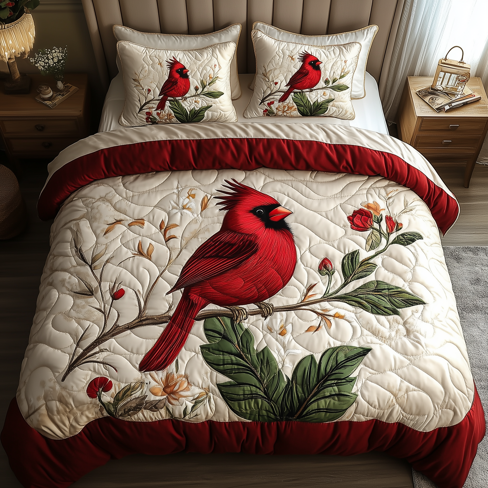 Elegant Red Cardinal Quilted Bedding Set Elegant Red Haven Gift For Elegant Red - Tradiviet