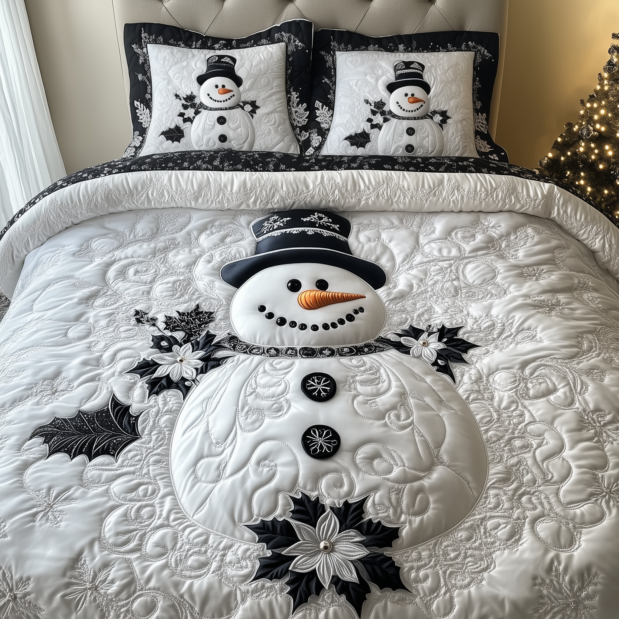 Elegant Winter Snowman Quilted Bedding Set Elegant Winter Essence Gift For Elegant Winter - Tradiviet