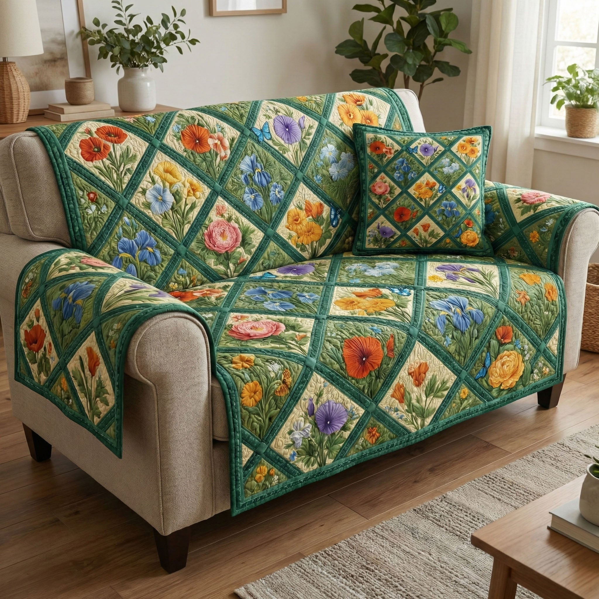 Emerald Blossom Quilted Sofa Cover Couch Cover Sofa Mother'sDay Gifts From Daughter - Tradiviet