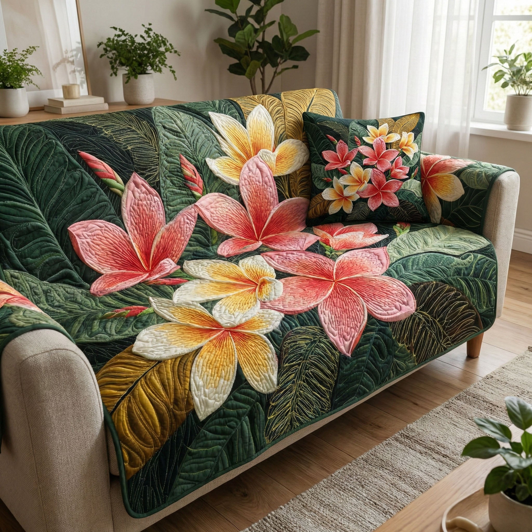 Emerald Blossom Quilted Sofa Cover Couch Slipcovers Best Mothers Day Gifts - Tradiviet