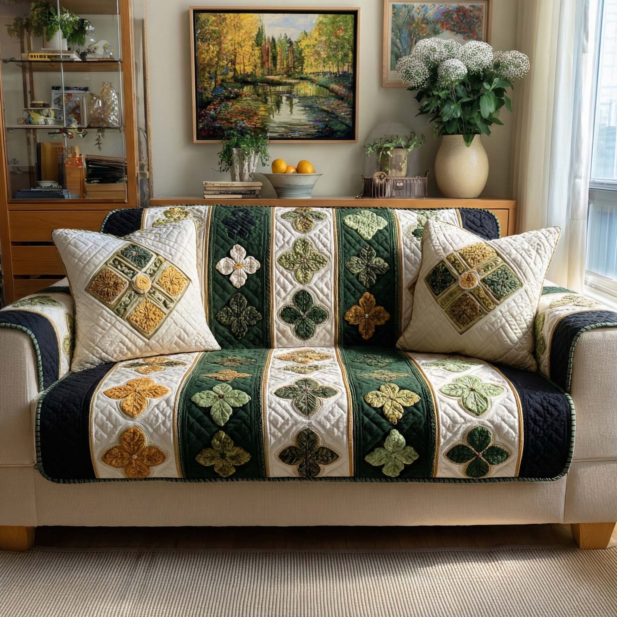 Emerald Charm Quilted Sofa Cover Boho Home Room Decor Gift For Cozy Spaces - Tradiviet