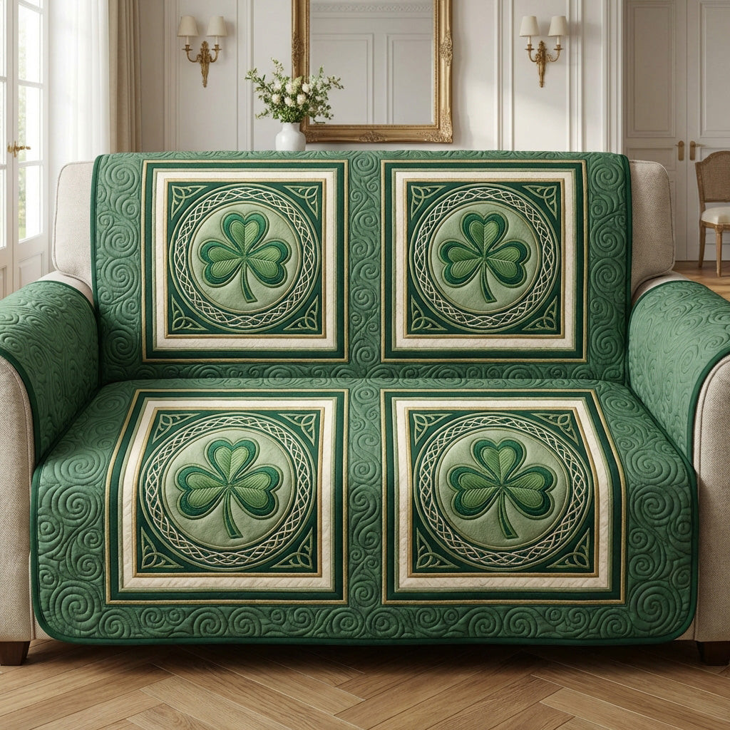 Emerald Clover Charm Quilted Sofa Cover Best Slip Cover Sofa St Pats Gifts - Tradiviet