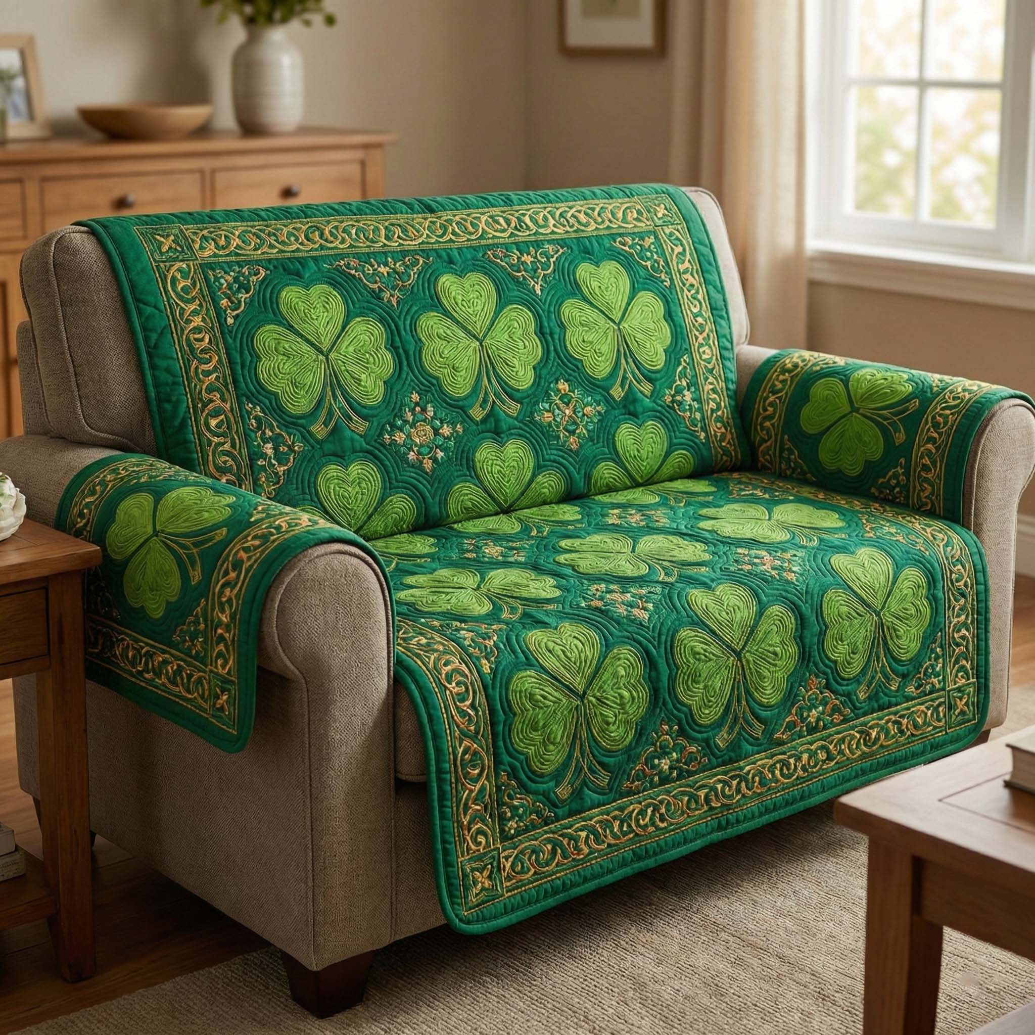 Emerald Hearts Quilted Sofa Cover Cozy Home Couch Cover Gifts For Home Lovers - Tradiviet