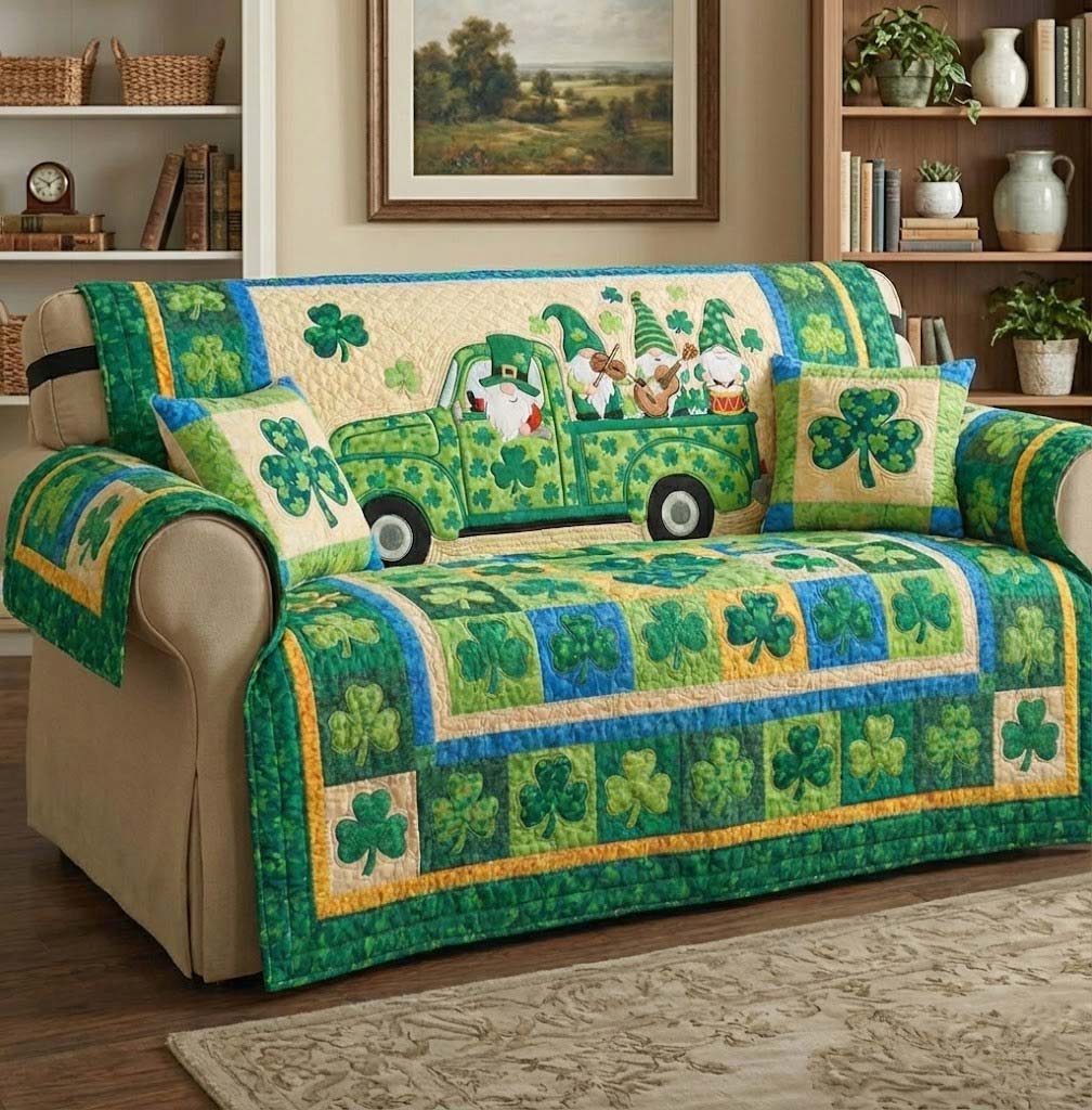 Emerald Luck Quilted Sofa Cover Irish Home Couch Cover Gift For New Homeowners - Tradiviet