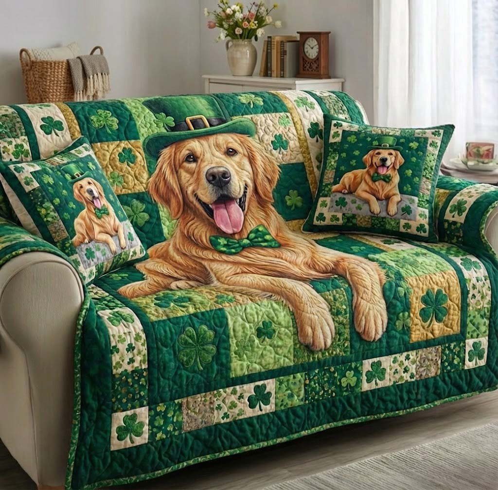 Emerald Luck Quilted Sofa Cover Irish Home Couch Cover Gifts For Home Decor - Tradiviet