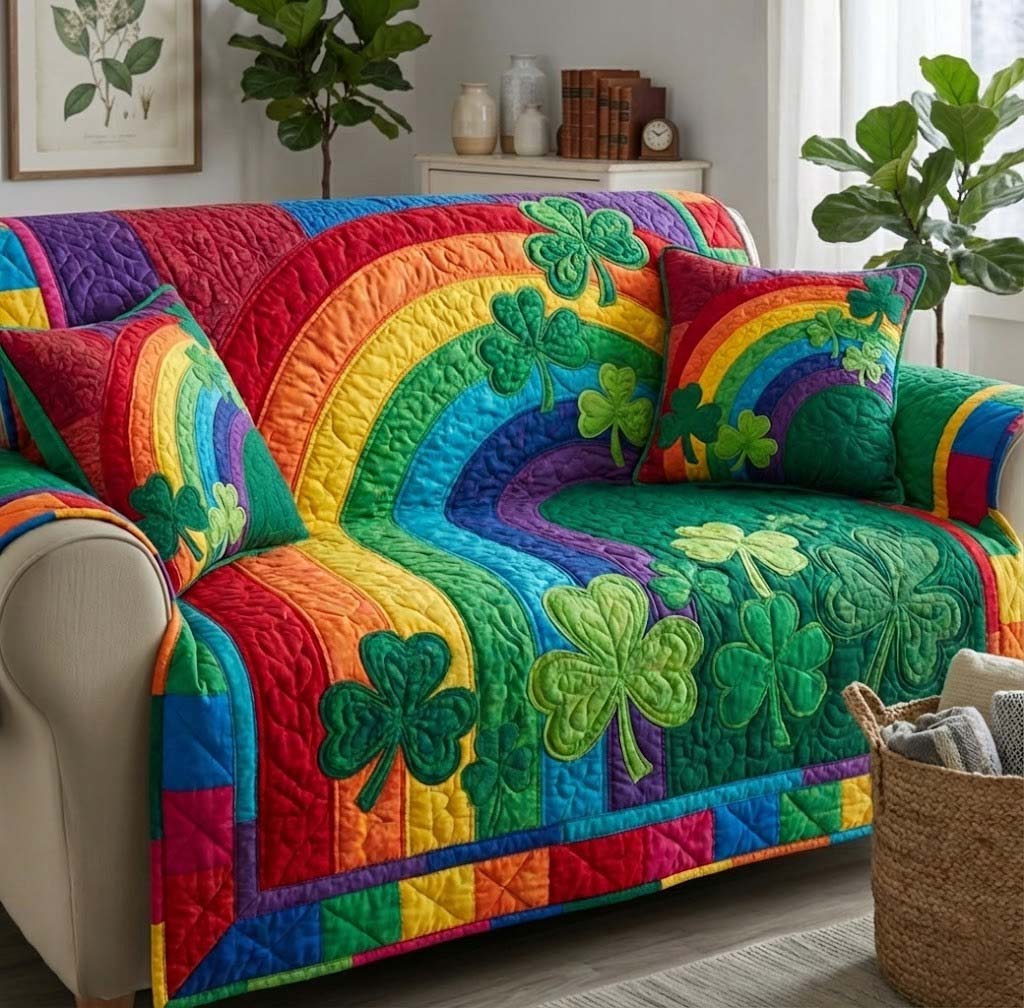 Emerald Luck Quilted Sofa Cover Irish Home Couch Cover Room Gift For Her - Tradiviet