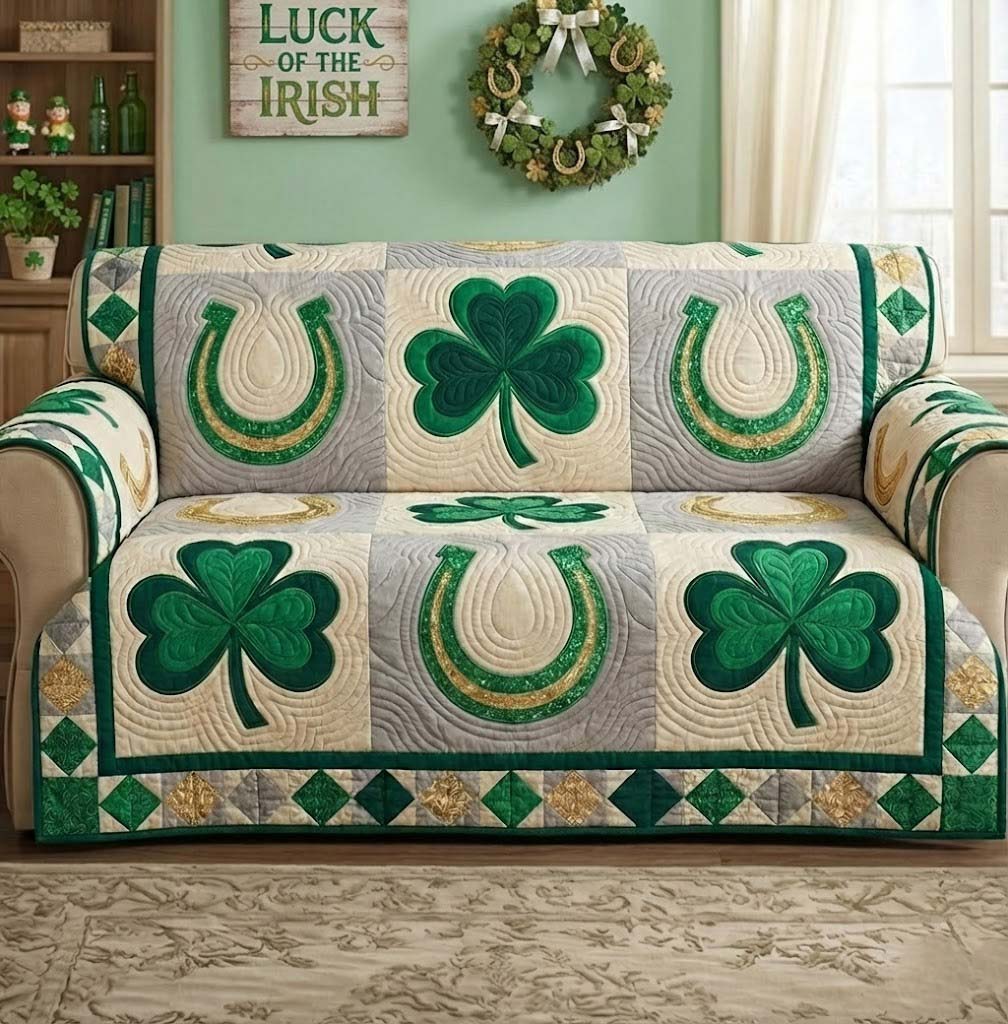 Emerald Luck Quilted Sofa Cover Irish Home Couch Cover Room Gift For Him - Tradiviet