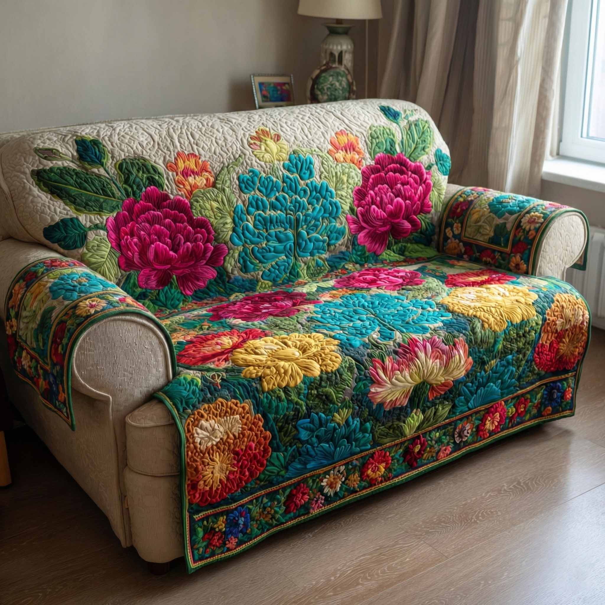 Emerald Peony Quilted Sofa Cover Best Slip Cover Sofa Mother's Day Gift Ideas For Wife - Tradiviet
