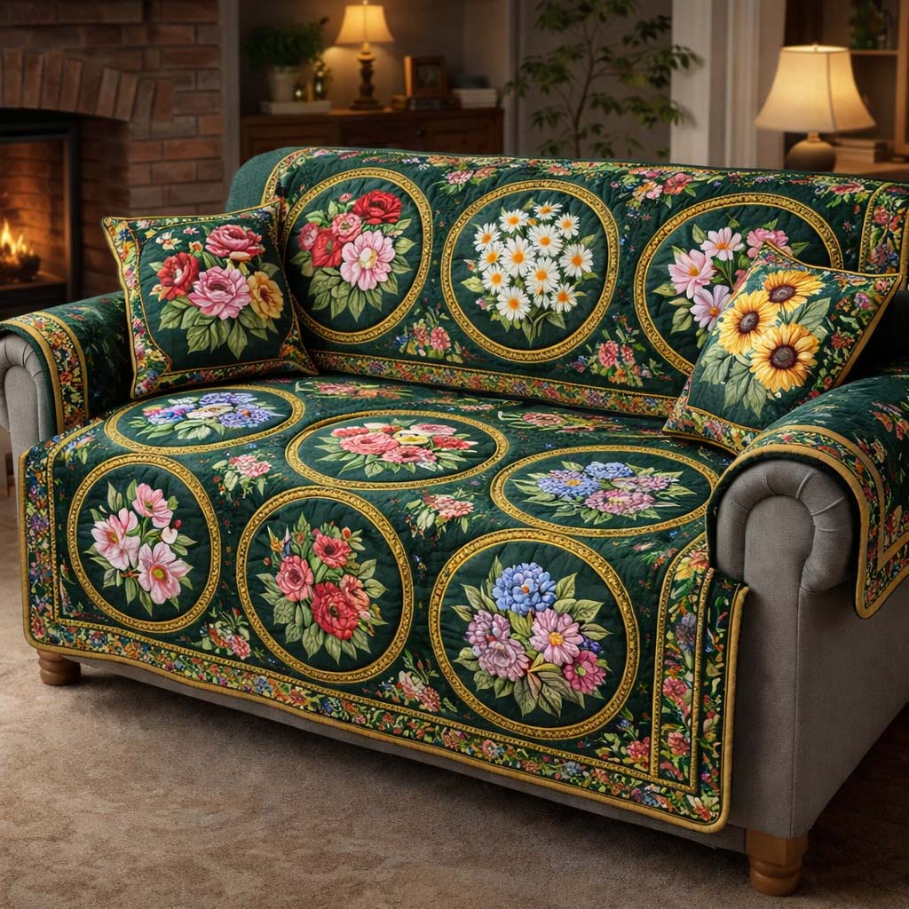 Emerald Rose Patchwork Quilted Sofa Cover Floral Home Couch Cover Great Home Decor Finds - Tradiviet