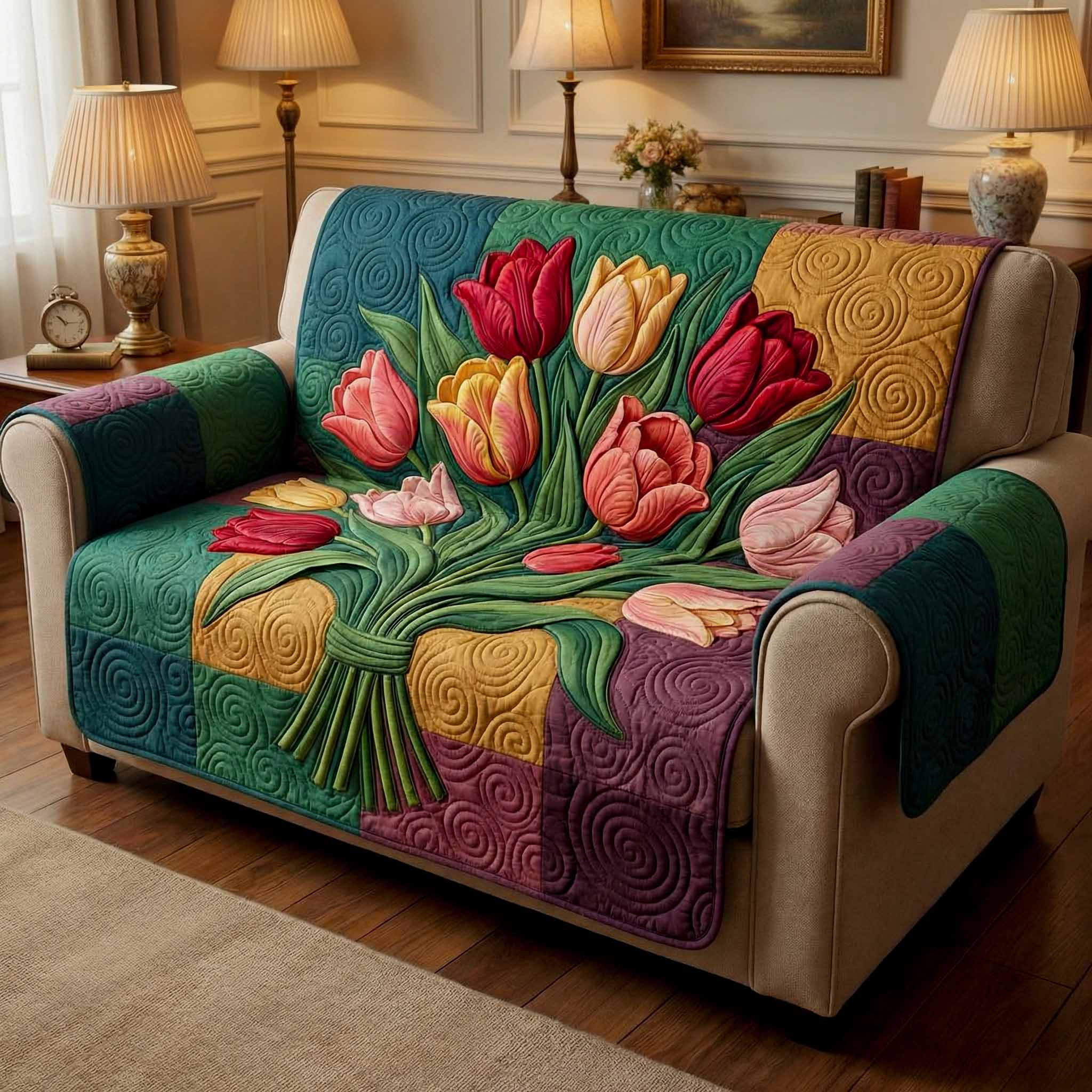 Emerald Tulips Quilted Sofa Cover Sofa Cover For Couch Cute Mothers Day Gifts - Tradiviet