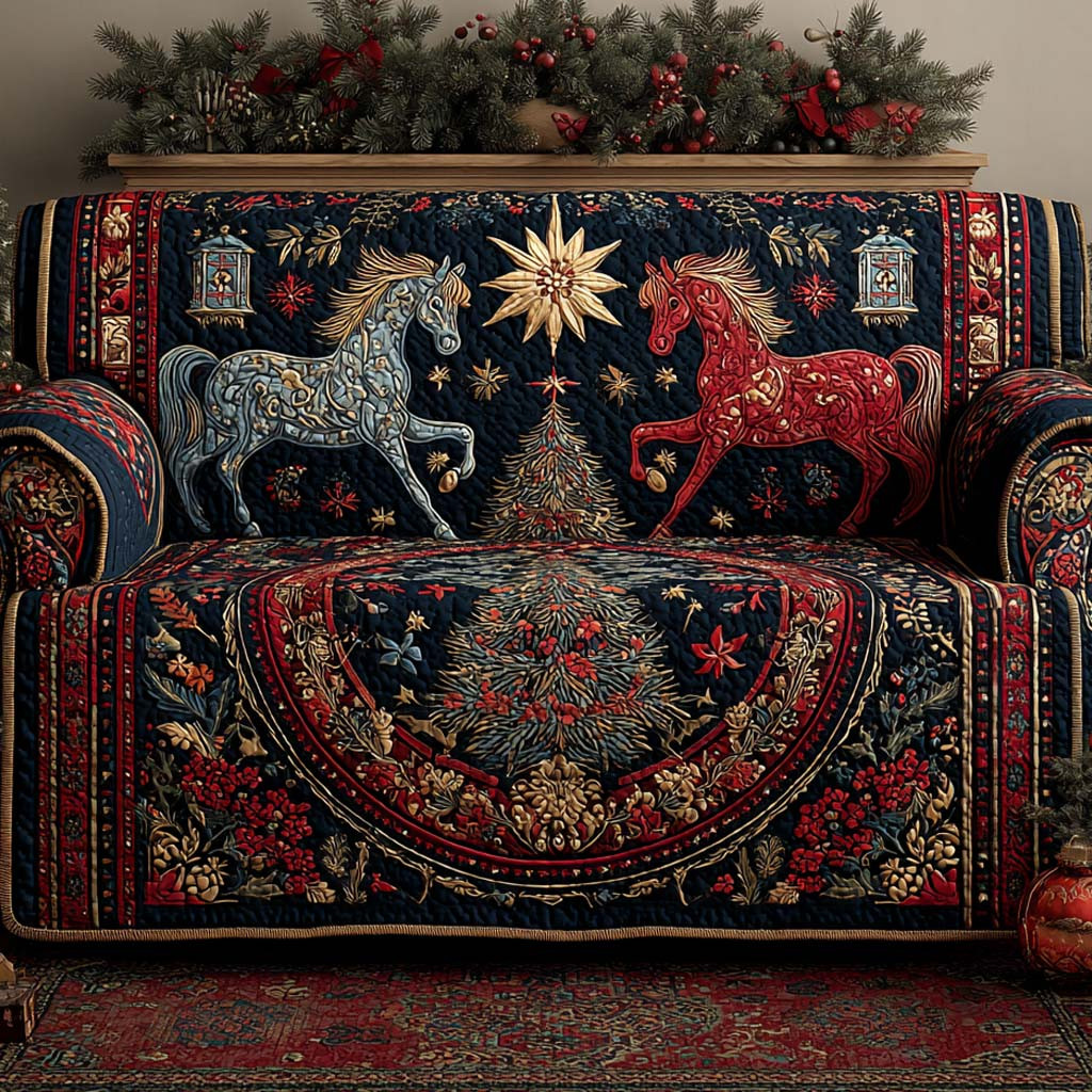 Enchanted Christmas Parade Quilted Sofa Cover Christmas Sofa Covers Horsey Christmas Gifts - Tradiviet