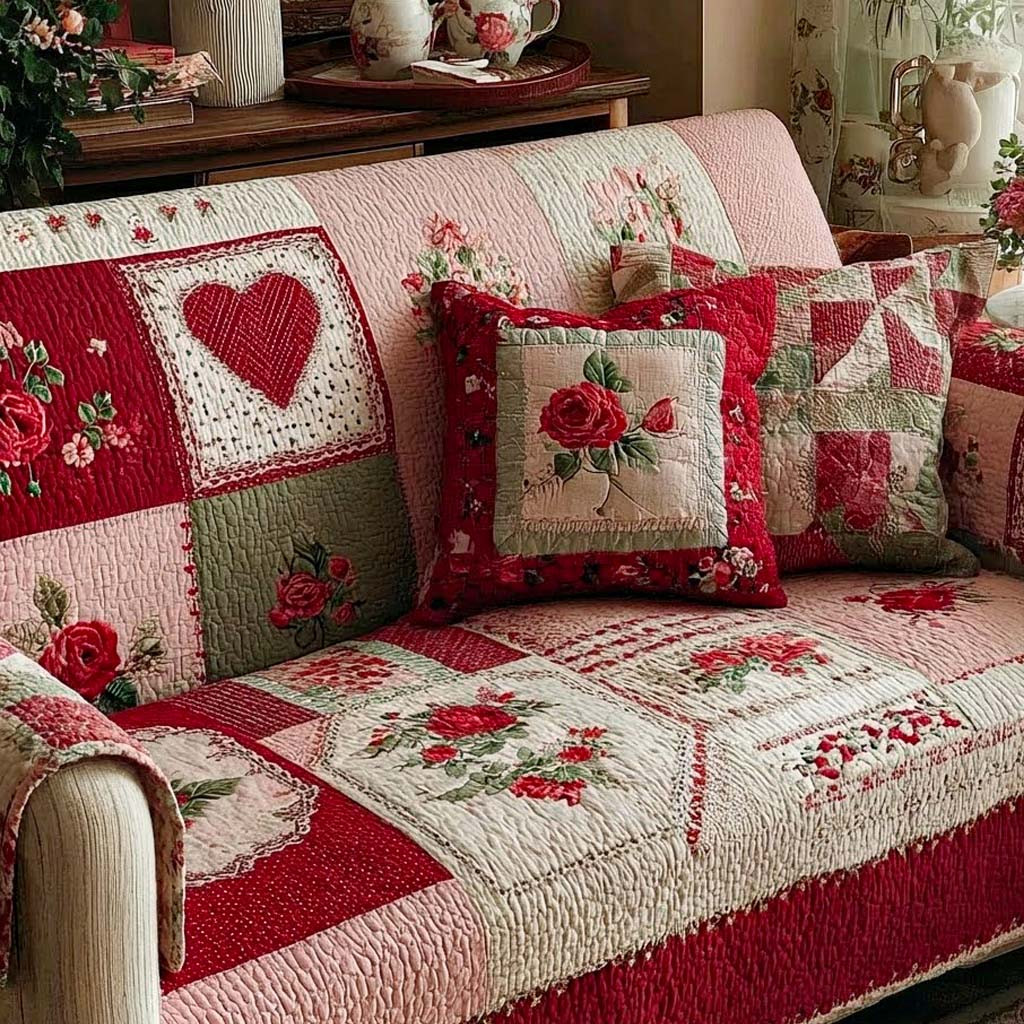 English Rose Romance Quilted Sofa Cover Couch Seat Covers Best Valentine Day Gifts For Mom - Tradiviet