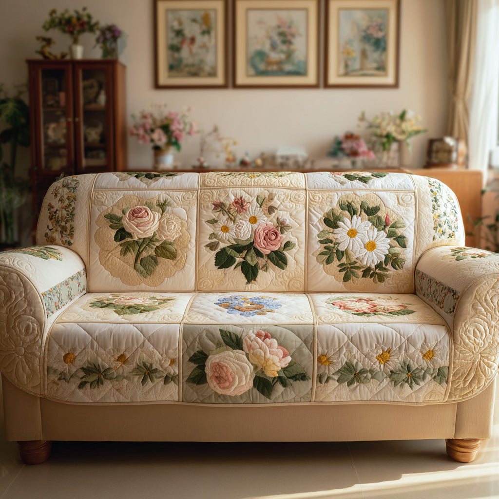 English Rose Sofa Quilted Sofa Cover Rustic Room Decor New Home Gift Ideas - Tradiviet