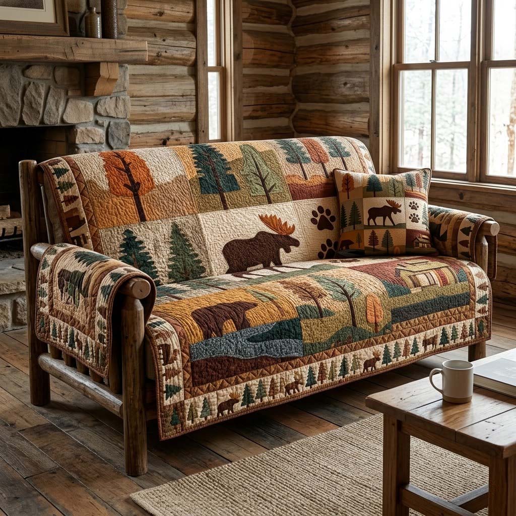 Evergreen Cabin Patch Quilted Sofa Cover Unique Room Decor Home Gifts For Him - Tradiviet