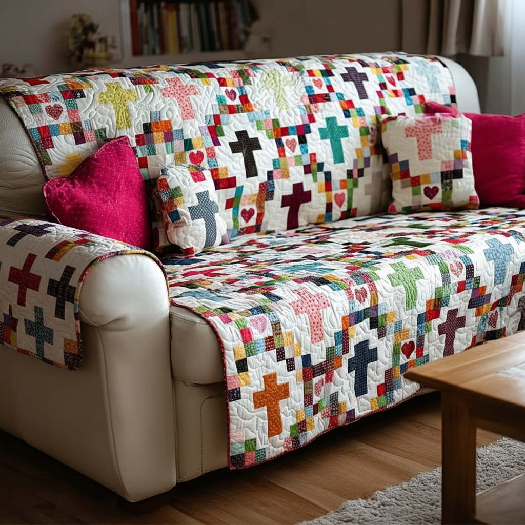 Faithful Cross Glow Quilted Sofa Cover Nice Sofa Covers Unique Christian Gifts - Tradiviet