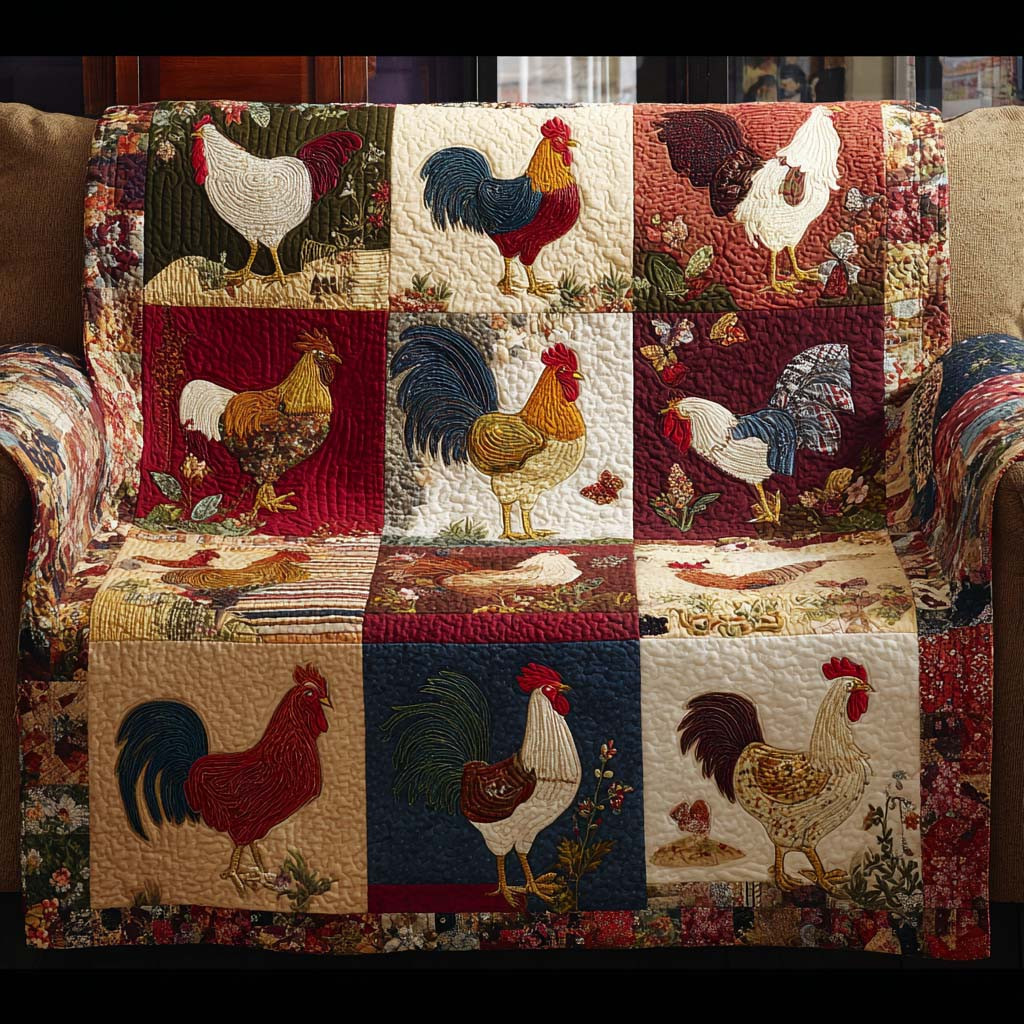 Farmhouse Rooster Blocks Quilted Sofa Cover Best Couch Covers Gifts For People Who Raise Chickens - Tradiviet