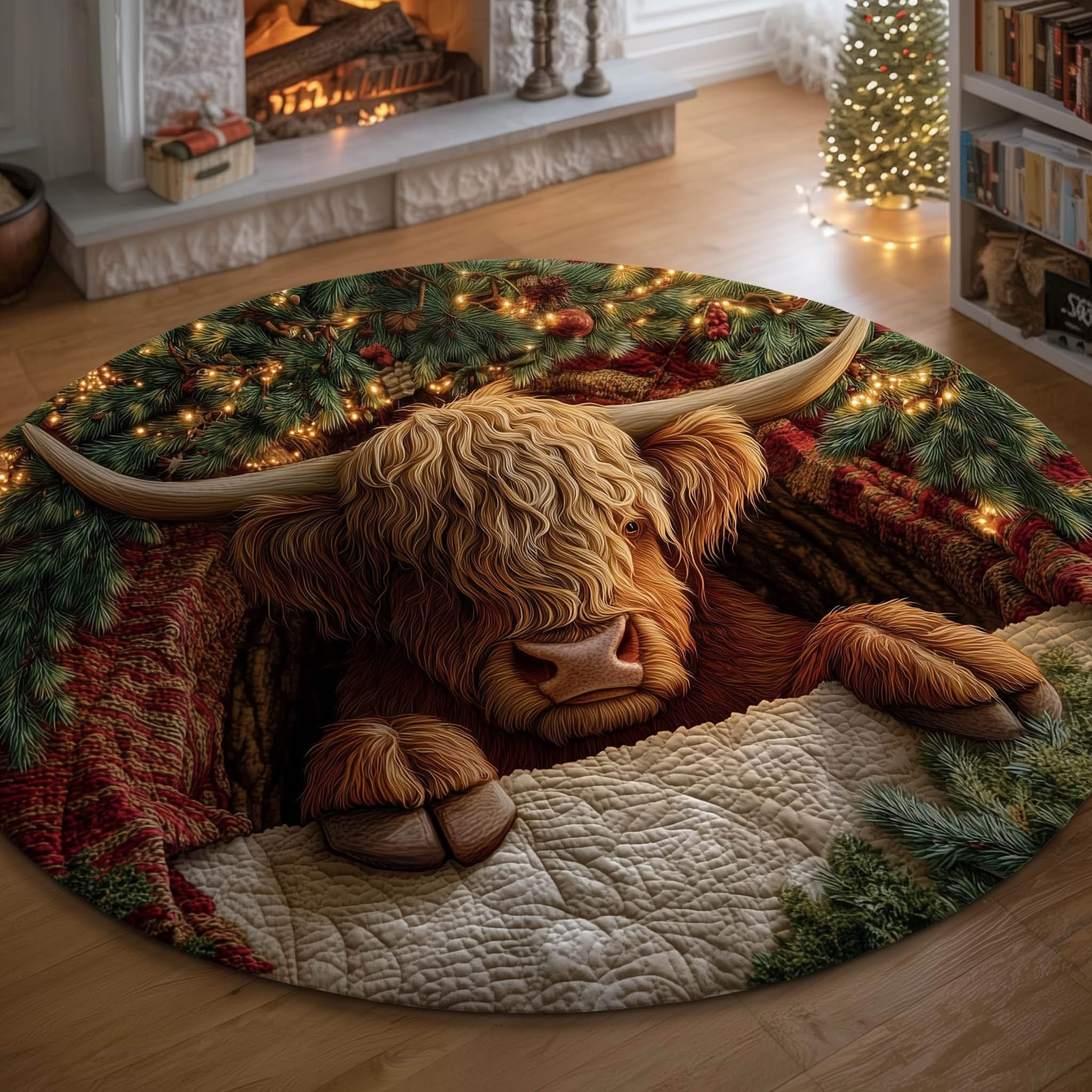 Farmstead Highland Cow Christmas Quilted Round Mat Floor Decorations Highland Cattle Merch - Tradiviet