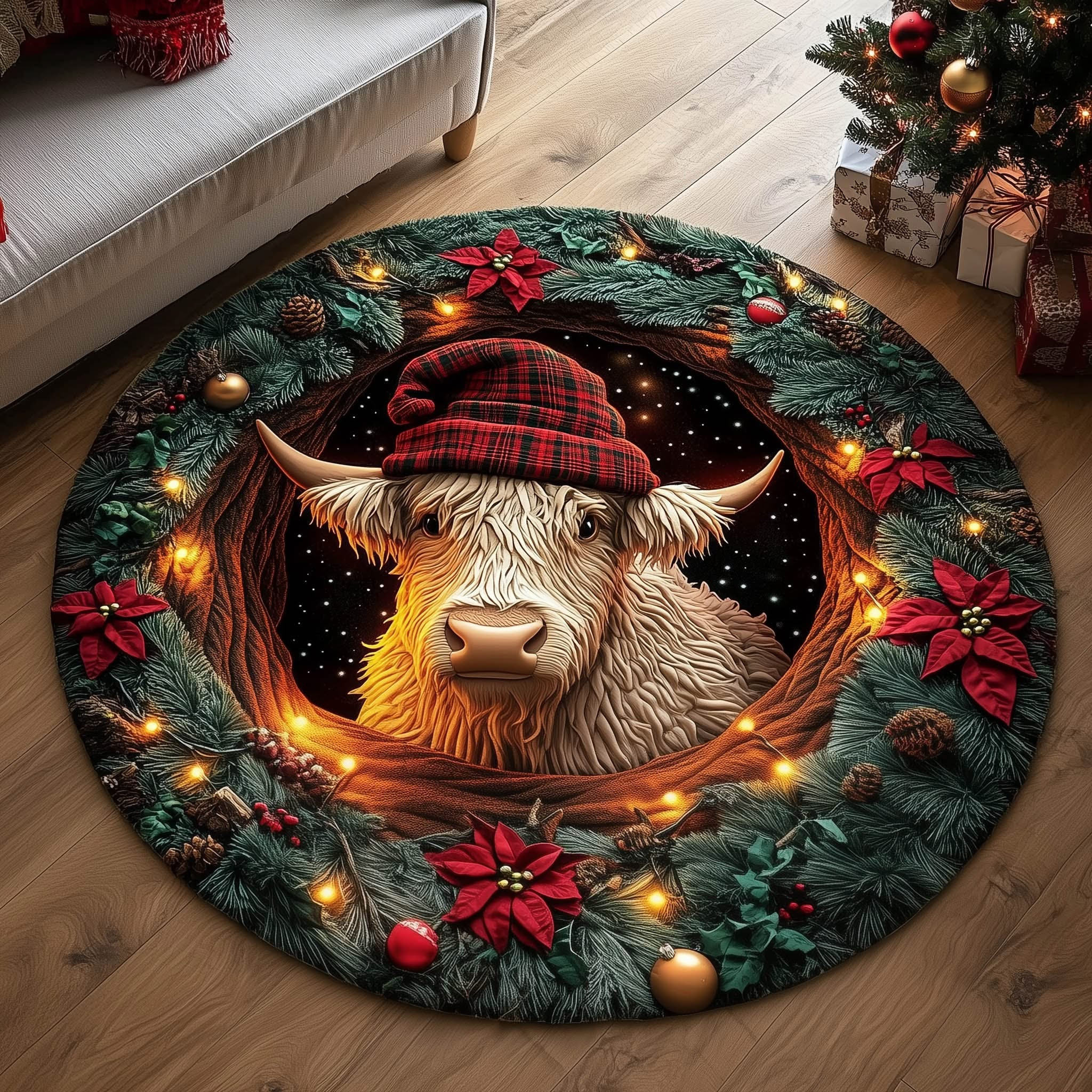 Farmstead Highland Cow Christmas Quilted Round Mat Holiday Decorations Highland Cow Presents - Tradiviet