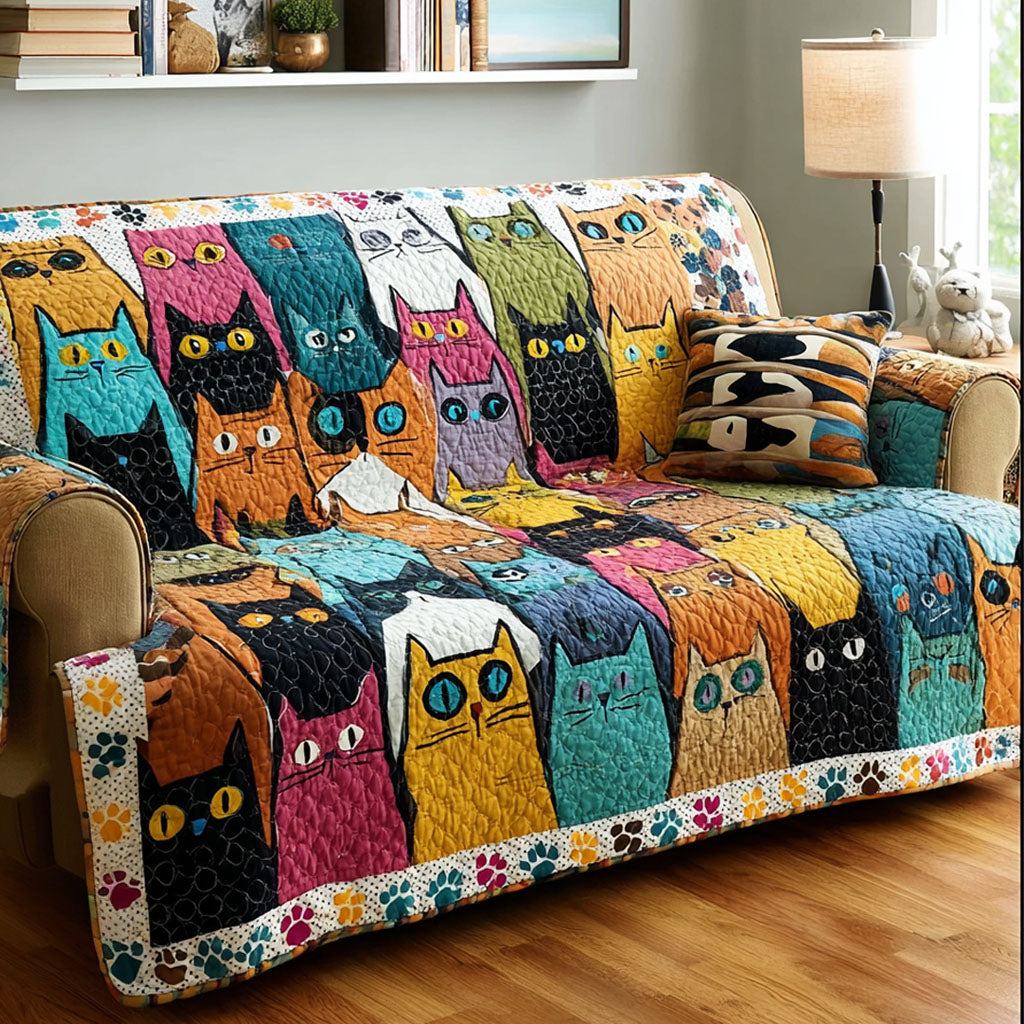 Feline Patch Quilted Sofa Cover Cute Home Room Decor Gift For Living Room - Tradiviet