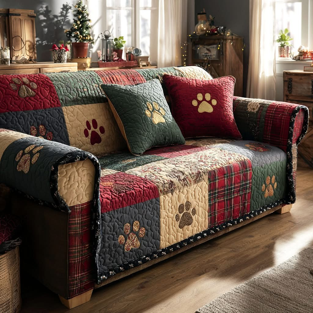 Festival Paw Quilted Sofa Cover Christmas Living Room Decor Gifts For Pet Lovers - Tradiviet