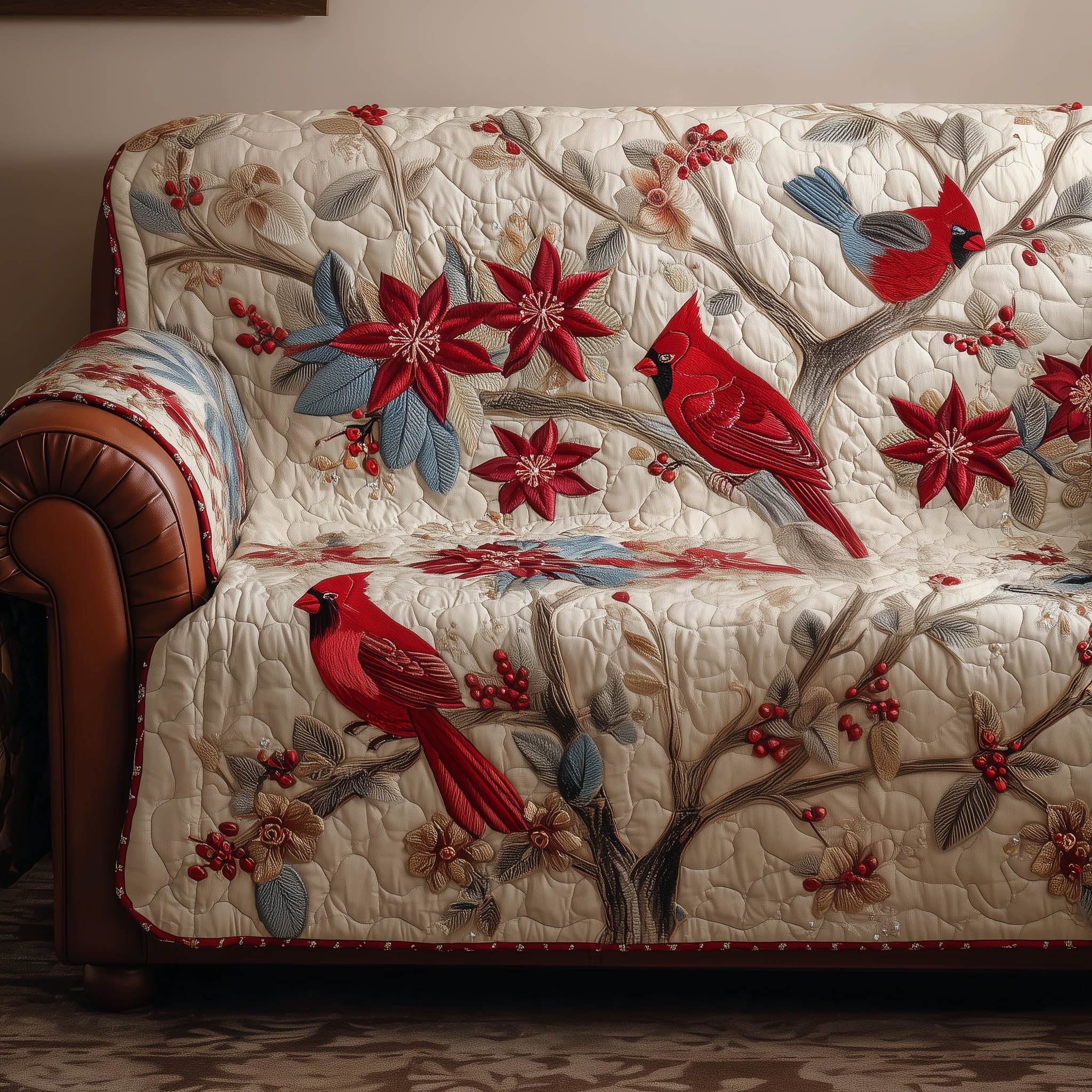Festive Cardinal Quilted Sofa Cover Christmas Home Couch Cover Best Housewarming Gift Ideas - Tradiviet