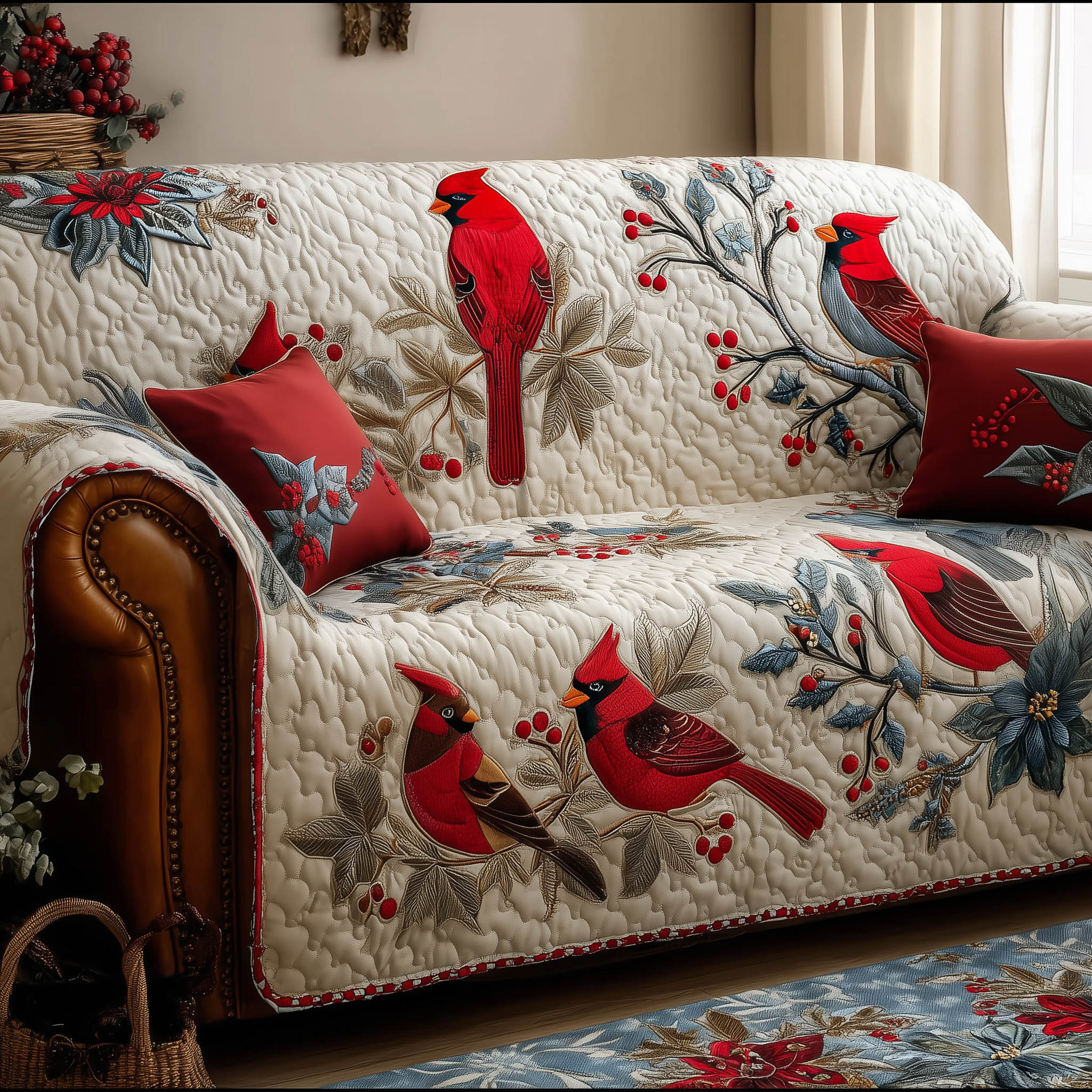 Festive Cardinal Quilted Sofa Cover Christmas Home Couch Cover Gift For Buffalo Lover - Tradiviet