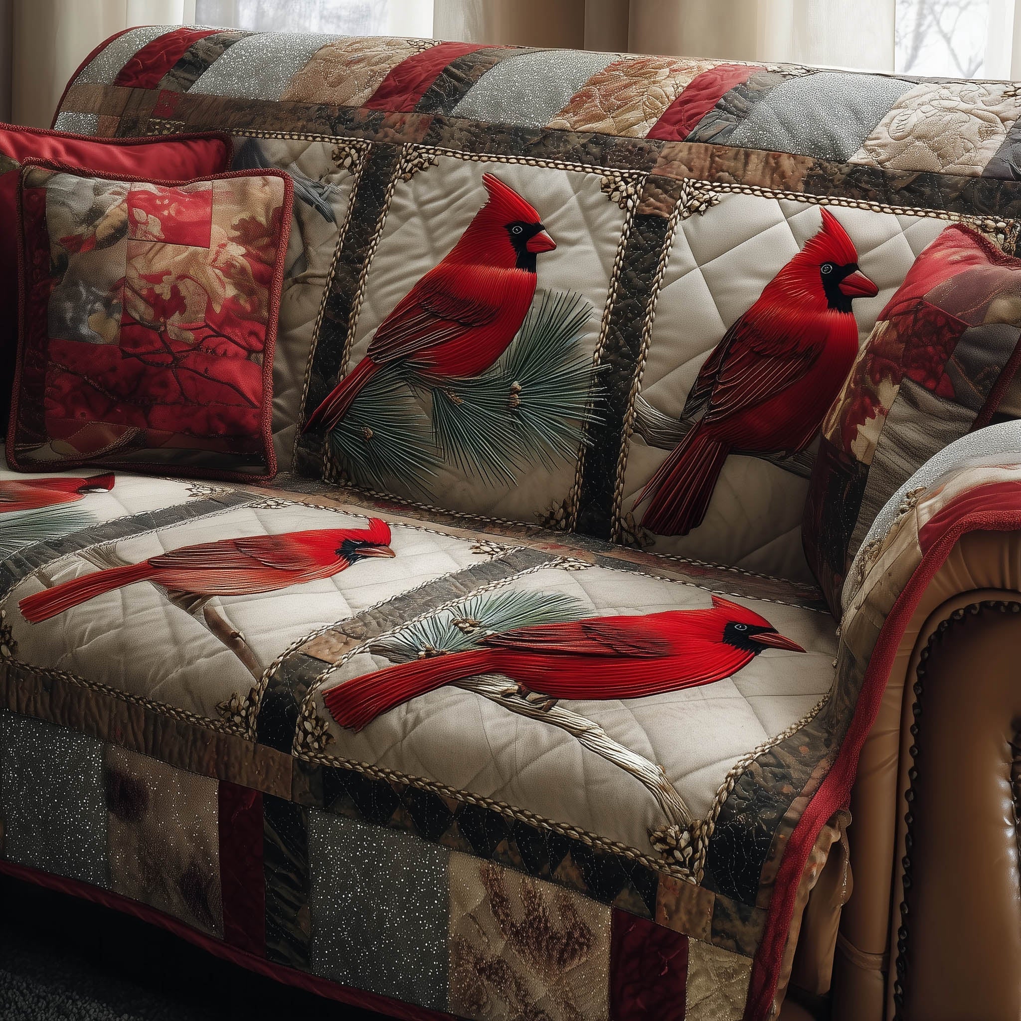 Festive Cardinal Quilted Sofa Cover Christmas Home Couch Cover Gift For Living Room - Tradiviet
