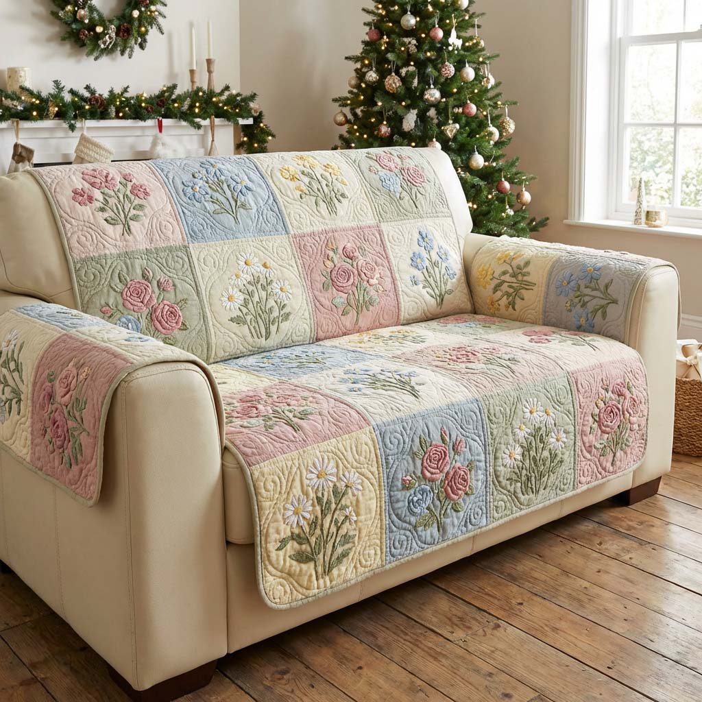 Festive Flower Quilted Sofa Cover Warm Home Room Decor Presents For New Home - Tradiviet