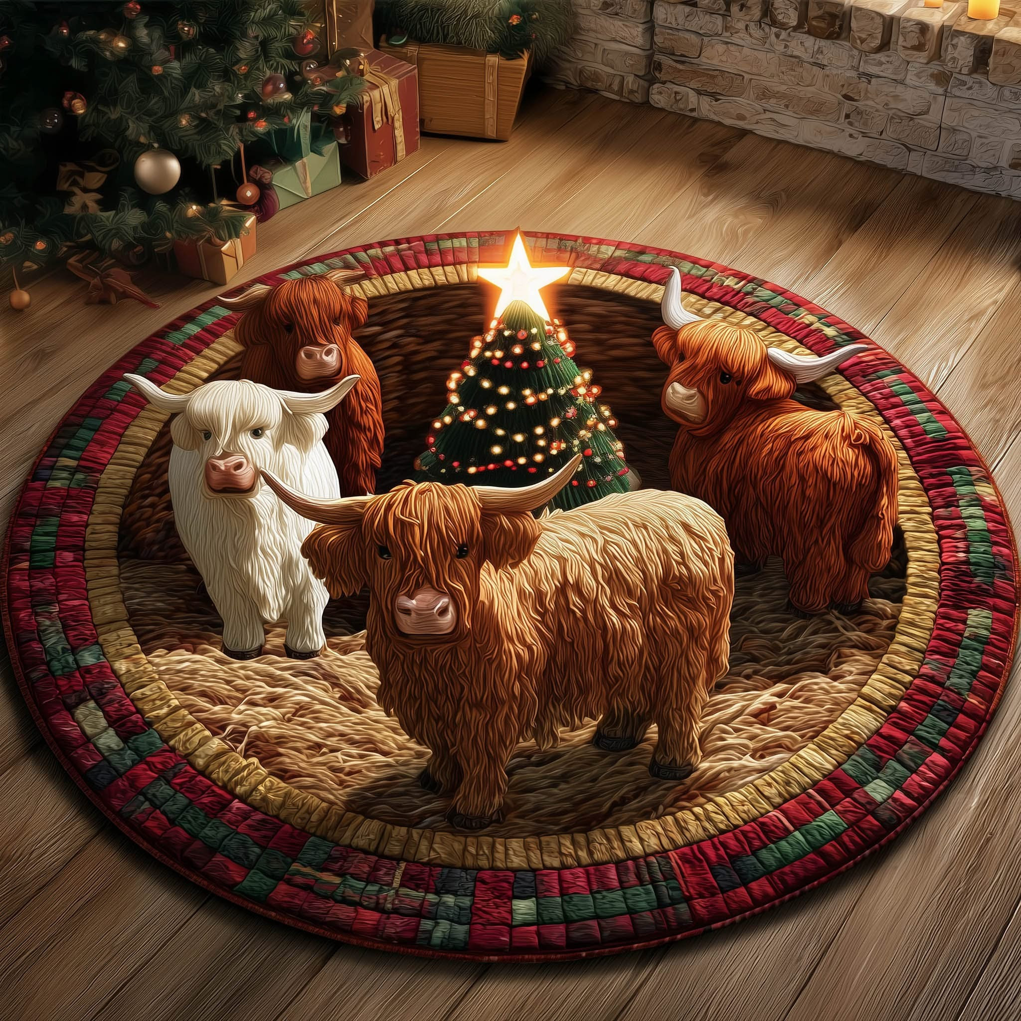 Festive Highland Cow Christmas Quilted Round Mat Decorations Highland Cattle Gifts For Her - Tradiviet