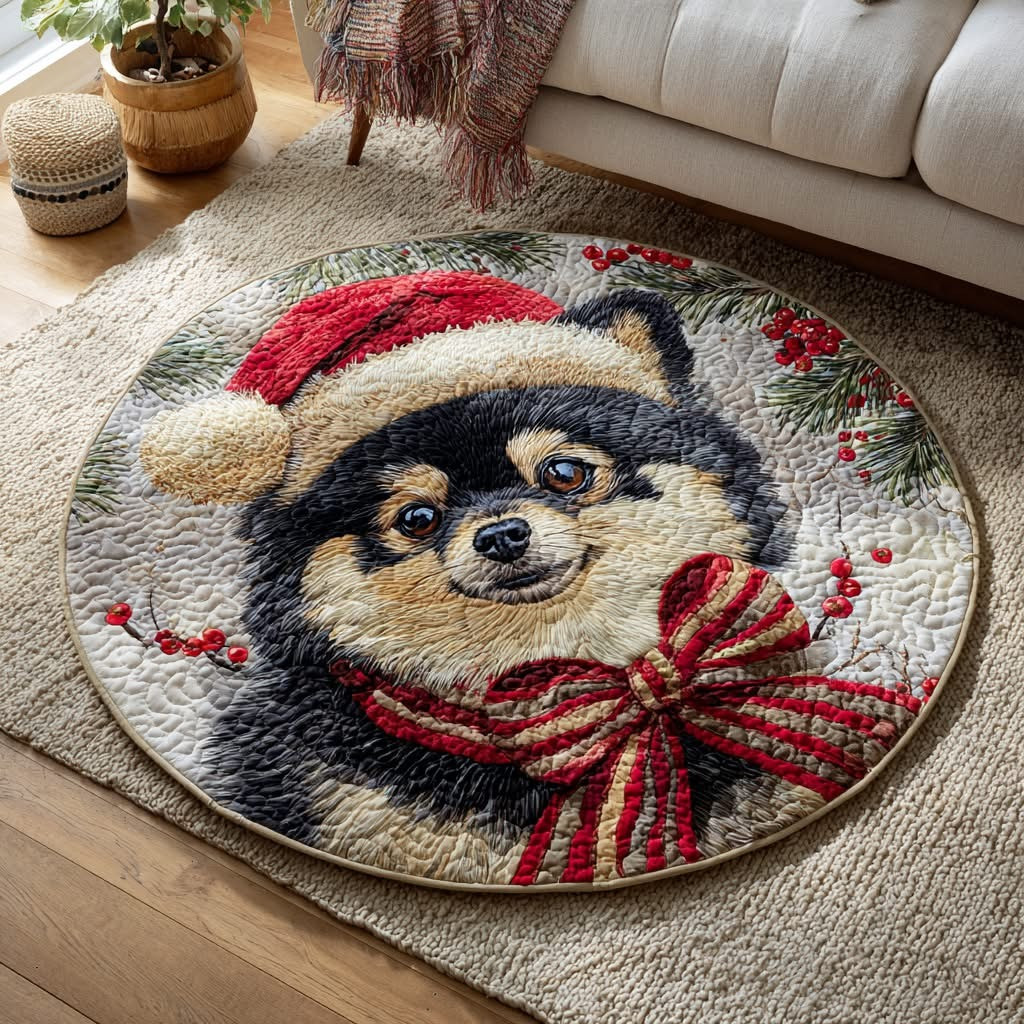 Festive Pomeranian Christmas Round Mat Circle Carpet Decorations Gifts For Pomeranian Lovers - Tradiviet