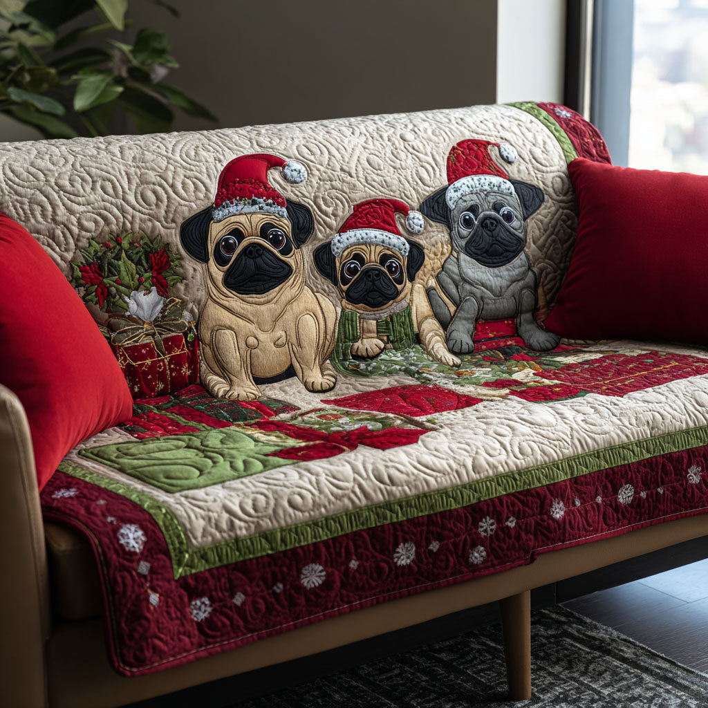 Festive Pug Trio Quilted Sofa Cover Stylish Home Room Decor Cozy Housewarming Gift Ideas - Tradiviet