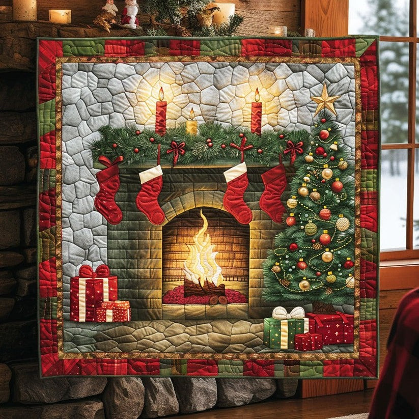 Fireplace And Stocking Christmas Quilt Blanket Warm Xmas Holiday Winter Home Decor - Tradiviet