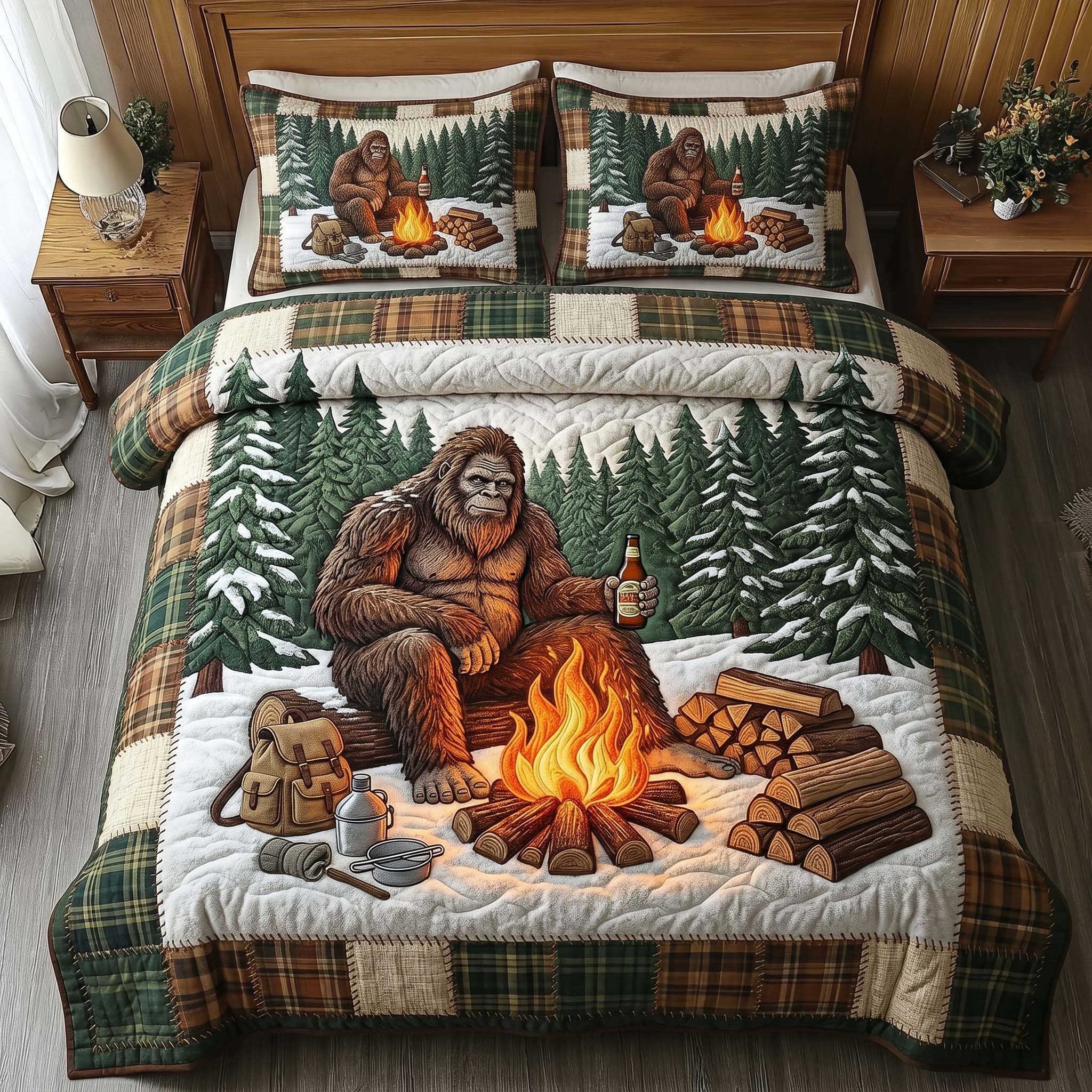 Fireside Bigfoot Quilted Bedding Set Fireside Bigfoot Rustic Gift For Fireside Bigfoot - Tradiviet