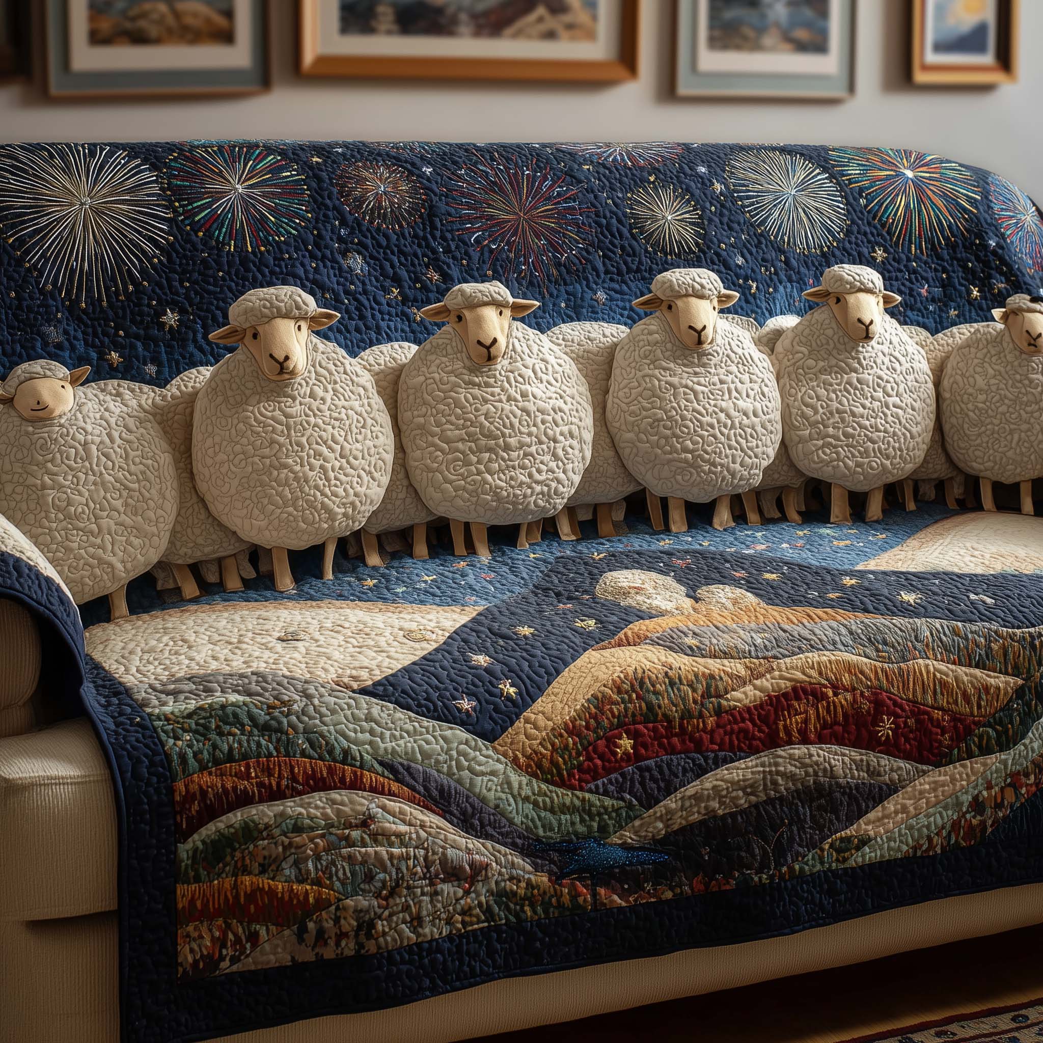 Firework Sheep Quilted Sofa Cover Farmhouse Home Couch Cover Room Gift For Him - Tradiviet