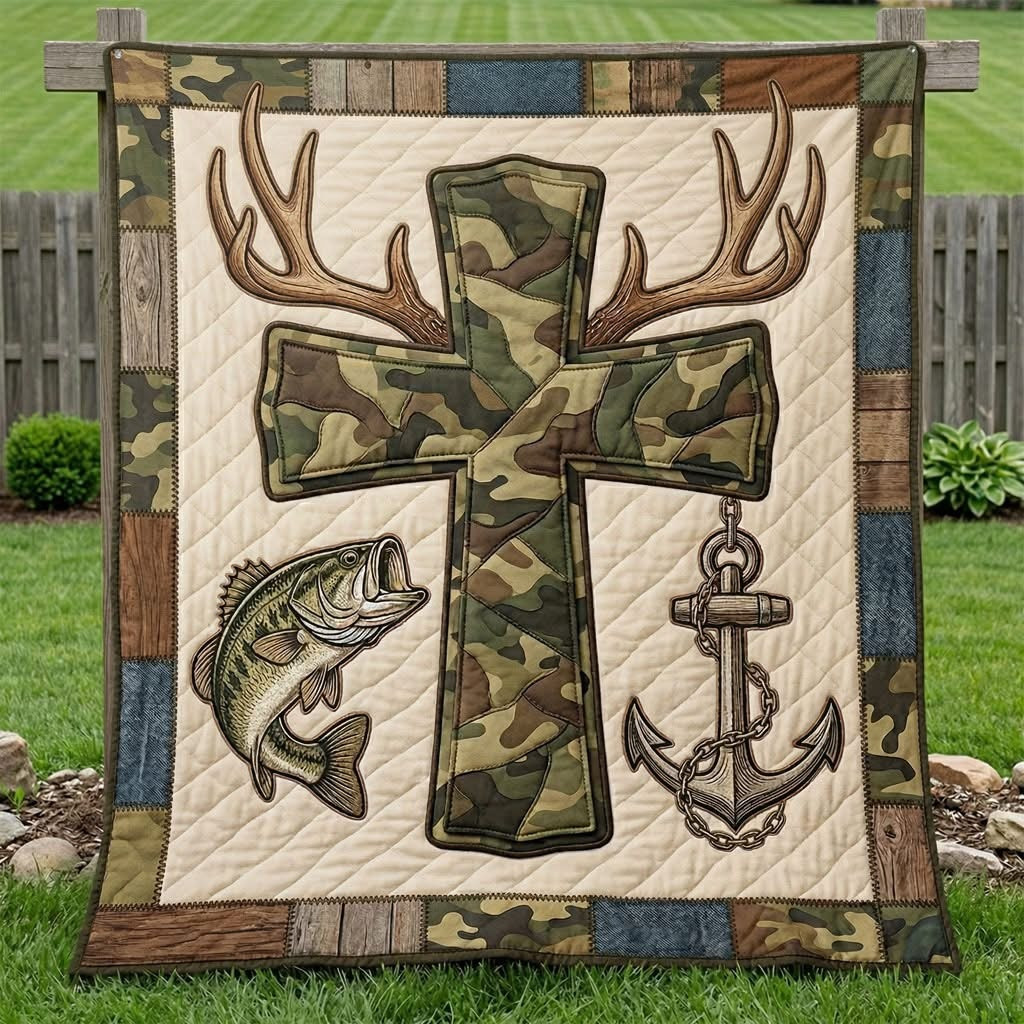 Fish Camo Cross Quilted Blanket Bedroom Decor Merch Patriotic Gift Ideas - Tradiviet