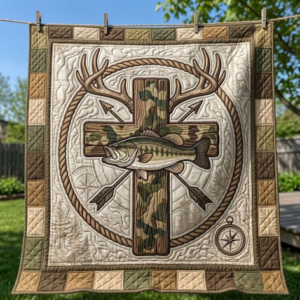 Fish Faith Camo Quilted Blanket Christian Faith Merch Bedroom Decor Gift For Veteran - Tradiviet