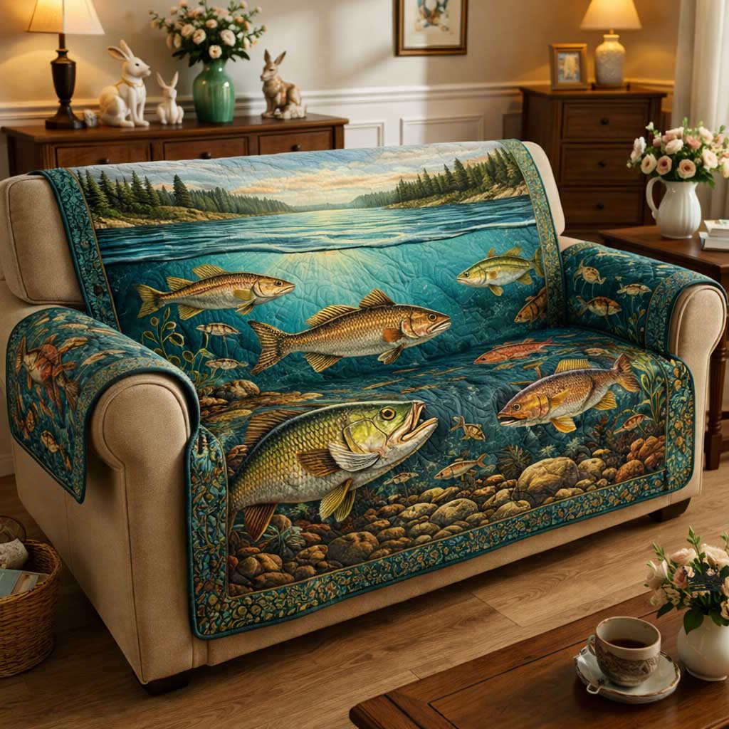 Fish Tales Quilted Sofa Cover Lakeside Home Couch Cover Gift For Home Lover - Tradiviet